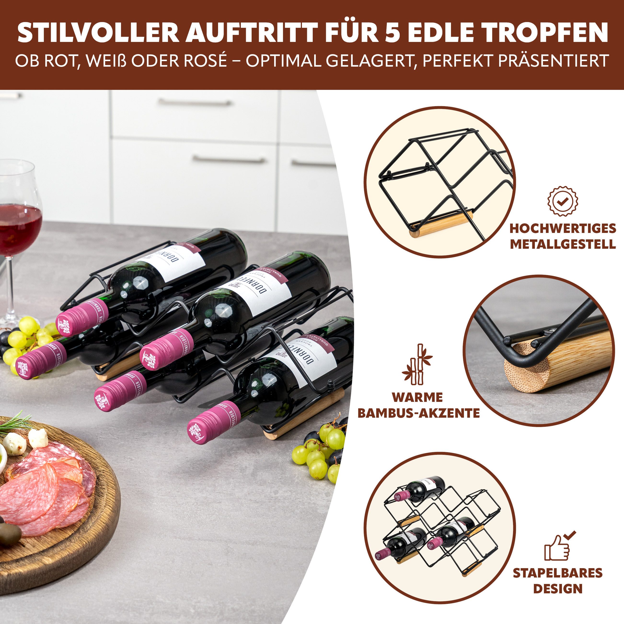 eluno Weinregal Weinregal für 5 Flaschen, aus Metall und Bambus, stapelbar, 1-tlg.