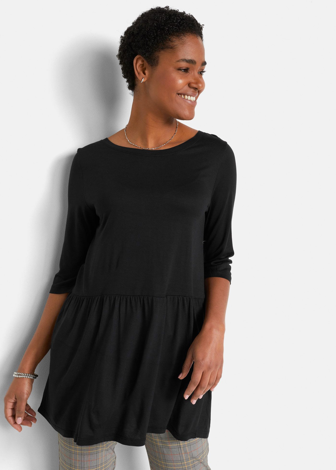 bonprix Longshirt bequeme A-Linien-Passform mit angesetztem Volant, 3/4-Ärm günstig online kaufen