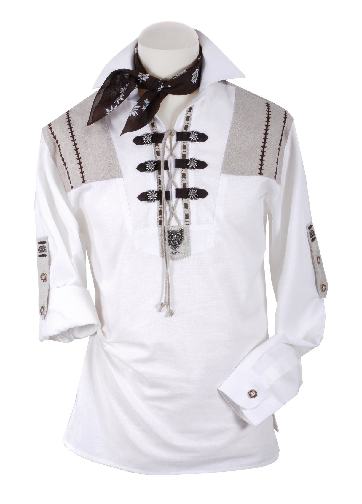 mit Kurzarm Wiesn-Hemd zur Trachtenhemd Herren Moschen-Bayern Weiß-Beige Lederhose - Krempelarm Trachtenhemd Edelweiß Herrenhemd + Langarm