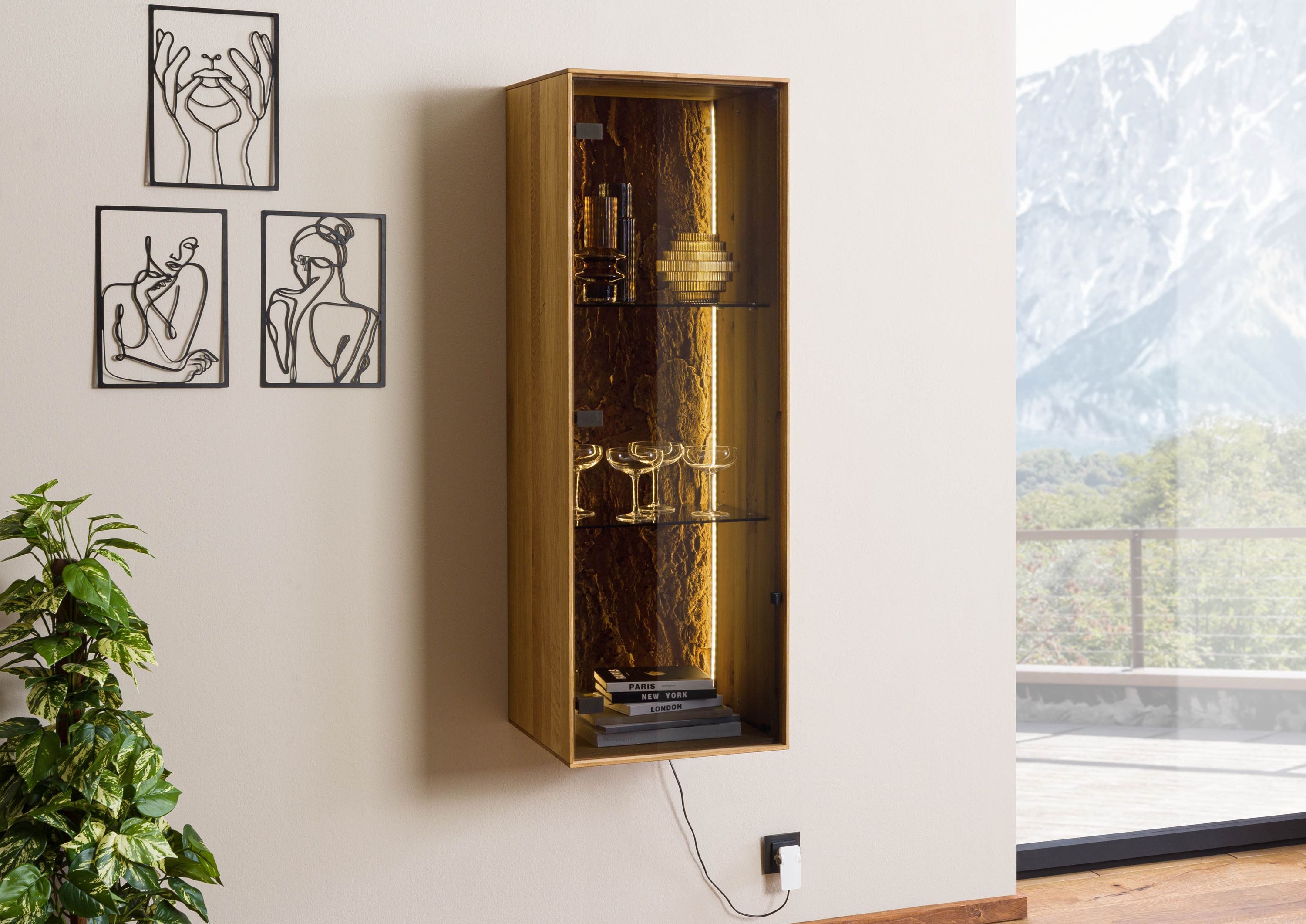 Massivmoebel24 Hängevitrine LINDAU (Wildeiche 46x38x132 natur geölt LINDAU #13) Wildeiche 46x38x132 natur geölt LINDAU #13