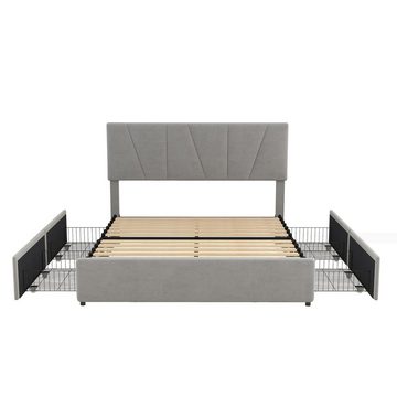 REDOM Bett Doppelbett Gästebett Gepolsterte Betten (mit vier Schubladen auf zwei Seiten,Verstellbares Kopfteil, 140*200cm), Ohne Matratze