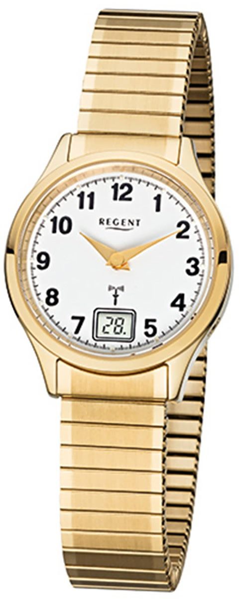 Regent Funkuhr Regent Damen-Armbanduhr gold, (Funkuhr), Damen Funkuhr rund, klein (ca. 29mm), Edelstahlarmband