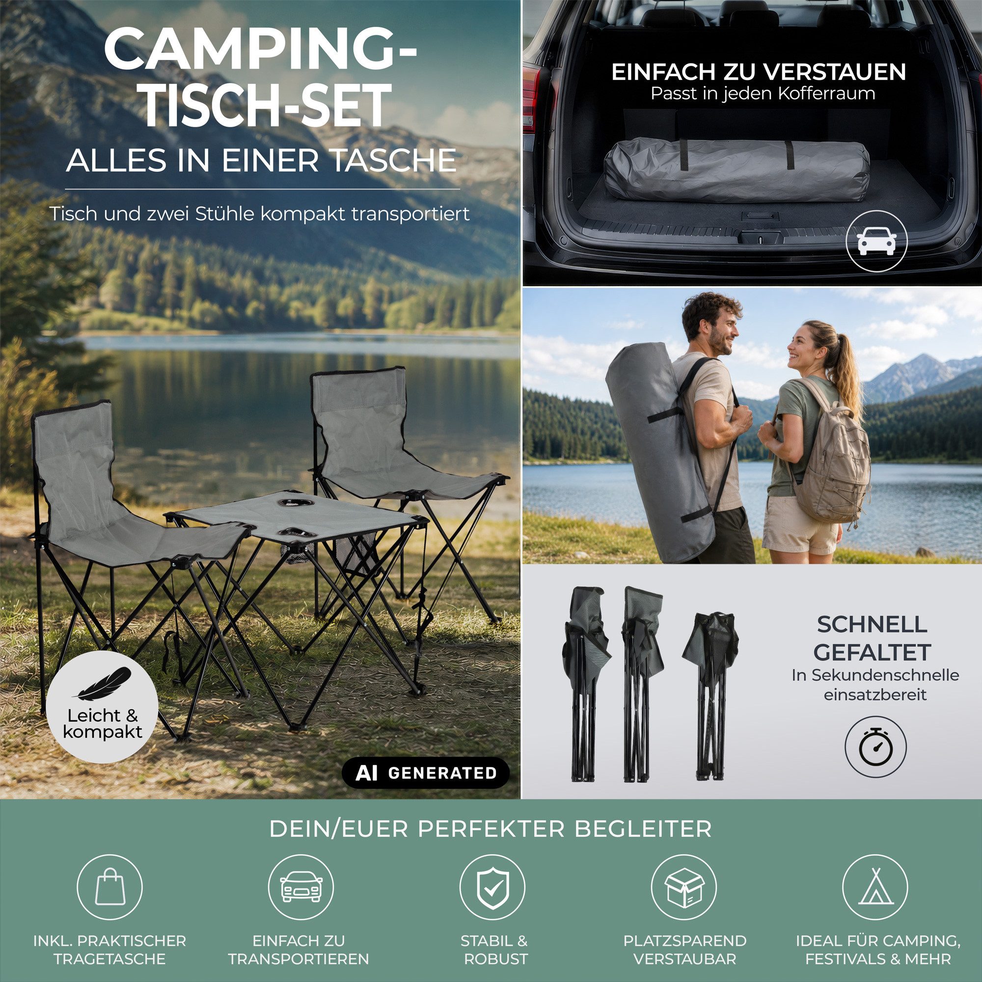 Stagecaptain Campingtisch CS-4547 Campingtisch-Set Grau mit 2 Faltstühlen (Set, 3-St., mit 2 faltbaren Campingstühlen, Tragetasche inklusive), Klapptisch mit Getränkehalter und Seitentasche