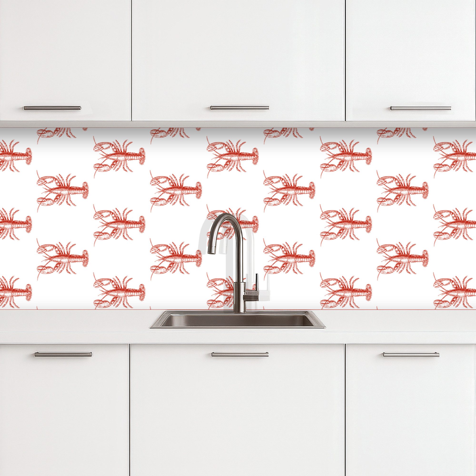 KitchenYeah Küchenrückwand selbstklebend (keine Folie) Hummer - Rot - Muster, (1-tlg), Spritzschutz, Küche, Rückwand, Küchenwand, Ohne Bohren, 250x80 cm