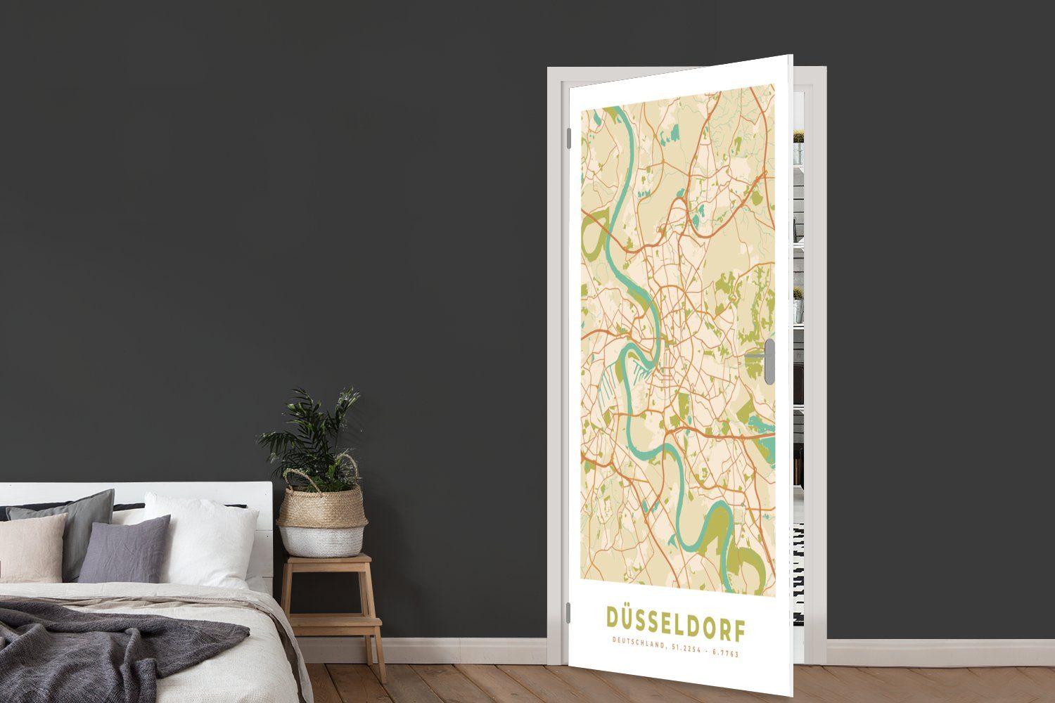 Stadtplan Karte, Vintage Türaufkleber, - Tür, Düsseldorf cm für Matt, - Türtapete Fototapete bedruckt, - MuchoWow St), (1 75x205