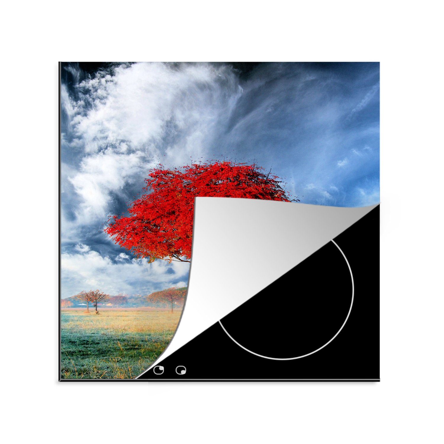 MuchoWow Herdblende-/Abdeckplatte Die roten Blätter Vinyl, einsamen cm, einem Ceranfeldabdeckung, an Baum, Arbeitsplatte 78x78 tlg), küche für (1