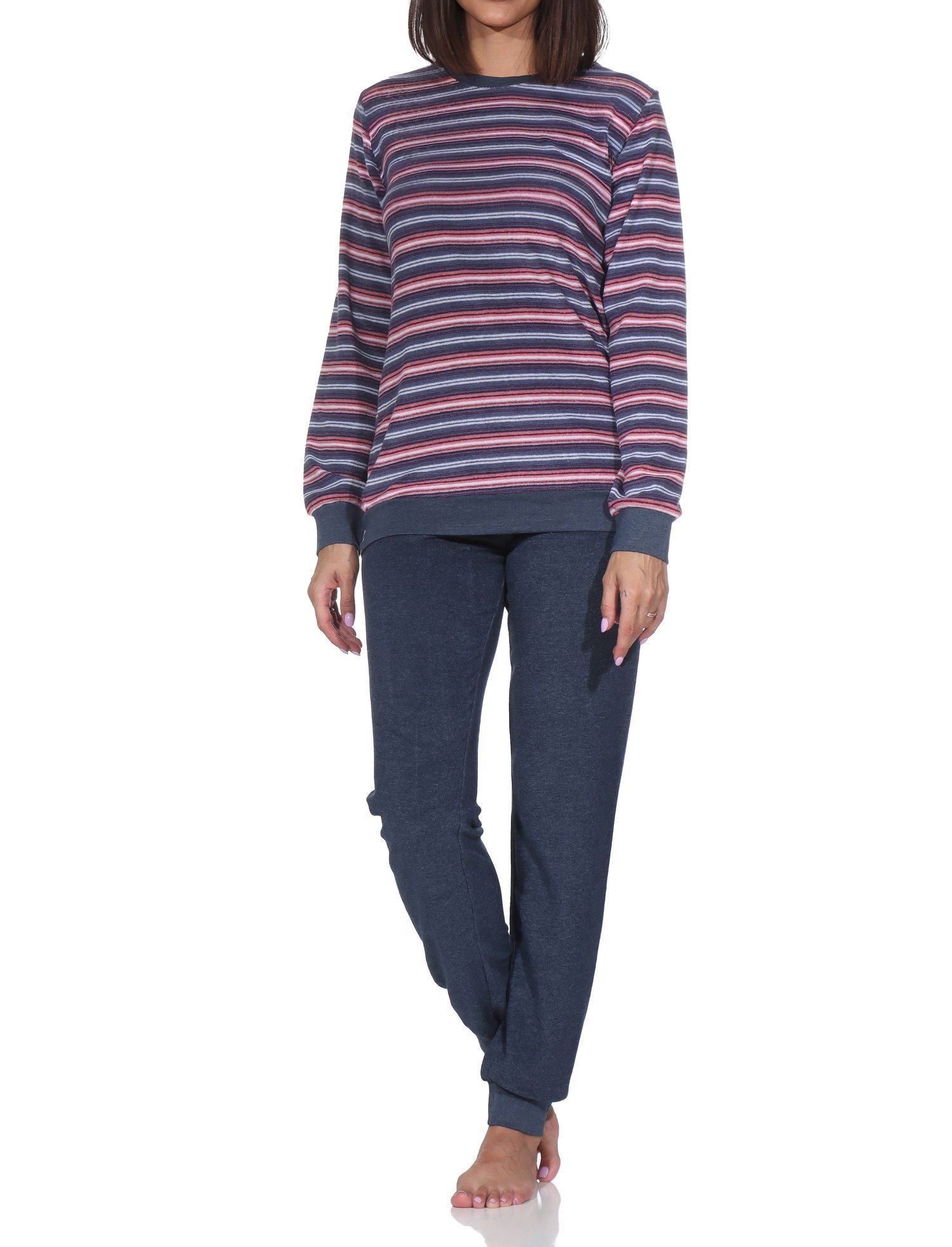 Pyjama Damen Frottee Schlafanzug mit Bündchen Pyjama in Streifendesign
