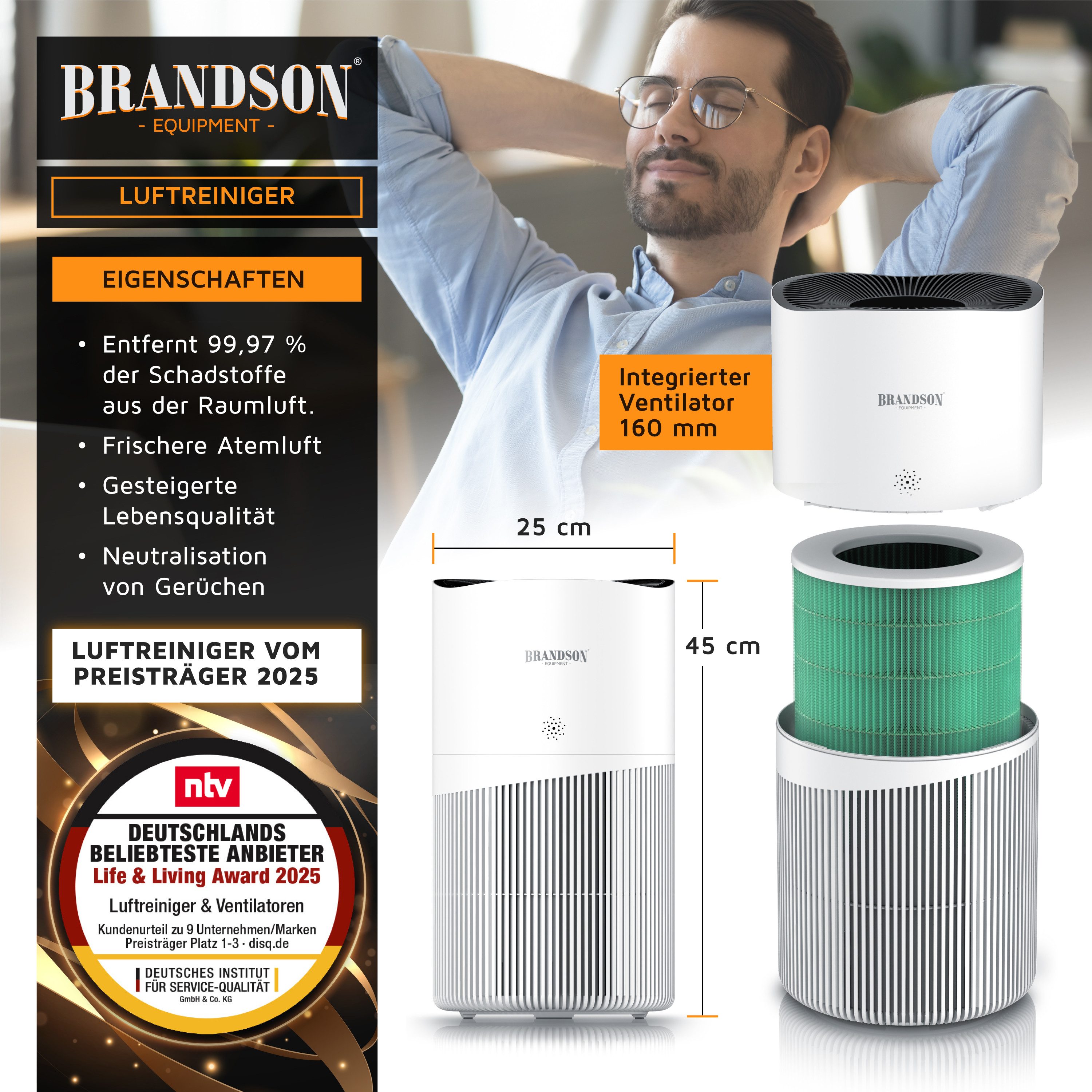 Brandson Luftreiniger für Allergiker, 4 Filterstufen HEPA Aktivkohle, Smart Home mit App, für 90 m² Räume, Air Purifier CADR 402 m³/h, entfernt bis zu 99,97 % Schadstoffe, leise