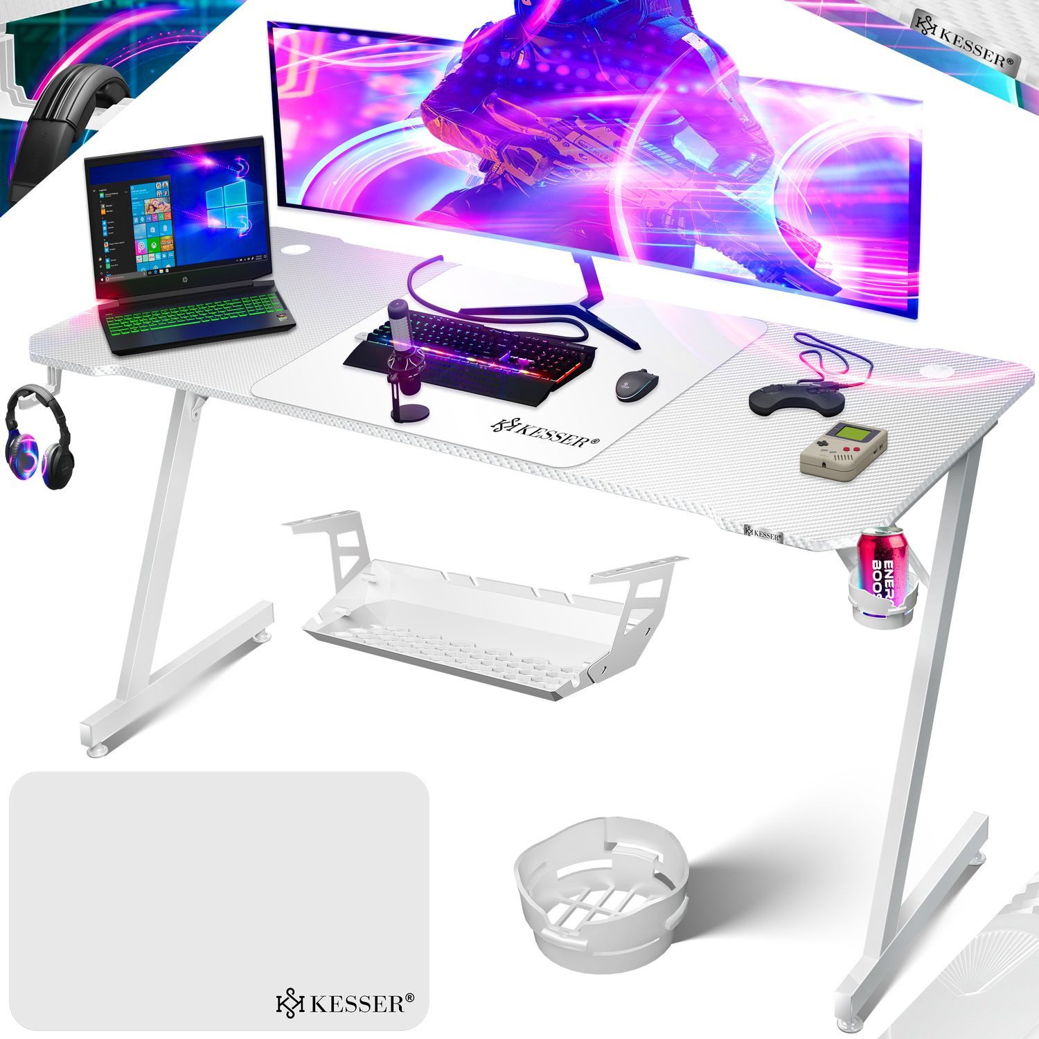 KESSER Gamingtisch, Gaming Schreibtisch mit Getränkehalter Ergonomischer Gamer Tisch
