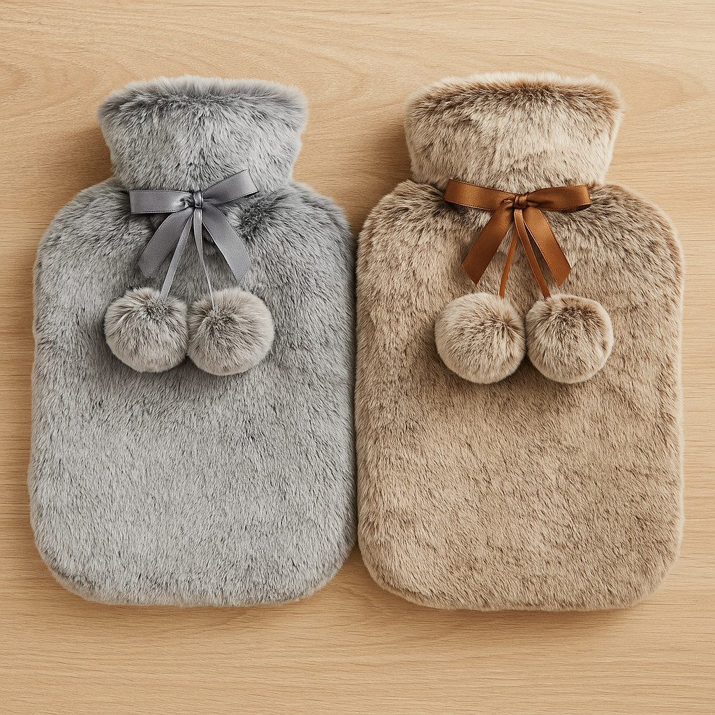 OSMA Werm Wärmflasche 2L mit Kunstfell grau oder beige 100% Polyester flauschig, Kuschelige Wärme mit Stil & Charme