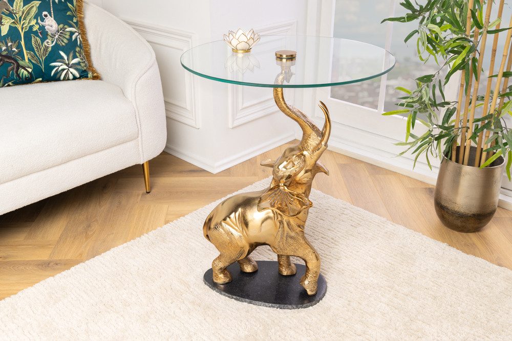 riess-ambiente Beistelltisch ELEPHANT 80cm transparent / gold (Einzelartikel, 1-St), Wohnzimmer · Glas · Metall · Marmor · rund · Skulptur · Modern Design