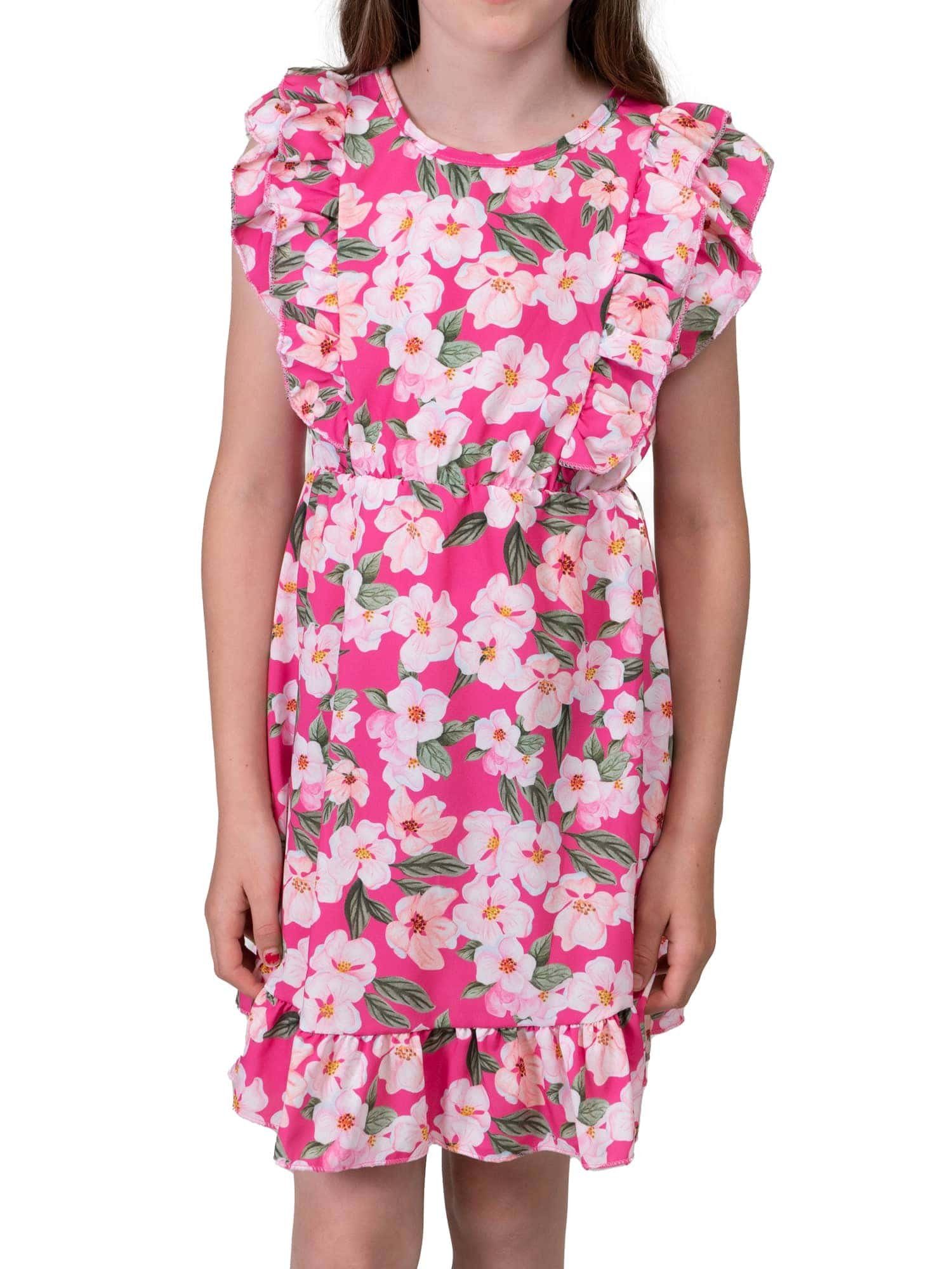 KMISSO Sommerkleid Mädchen Kleid mit Volants Blumenmotiv 30384 (1-tlg) bequem zu tragen Pink