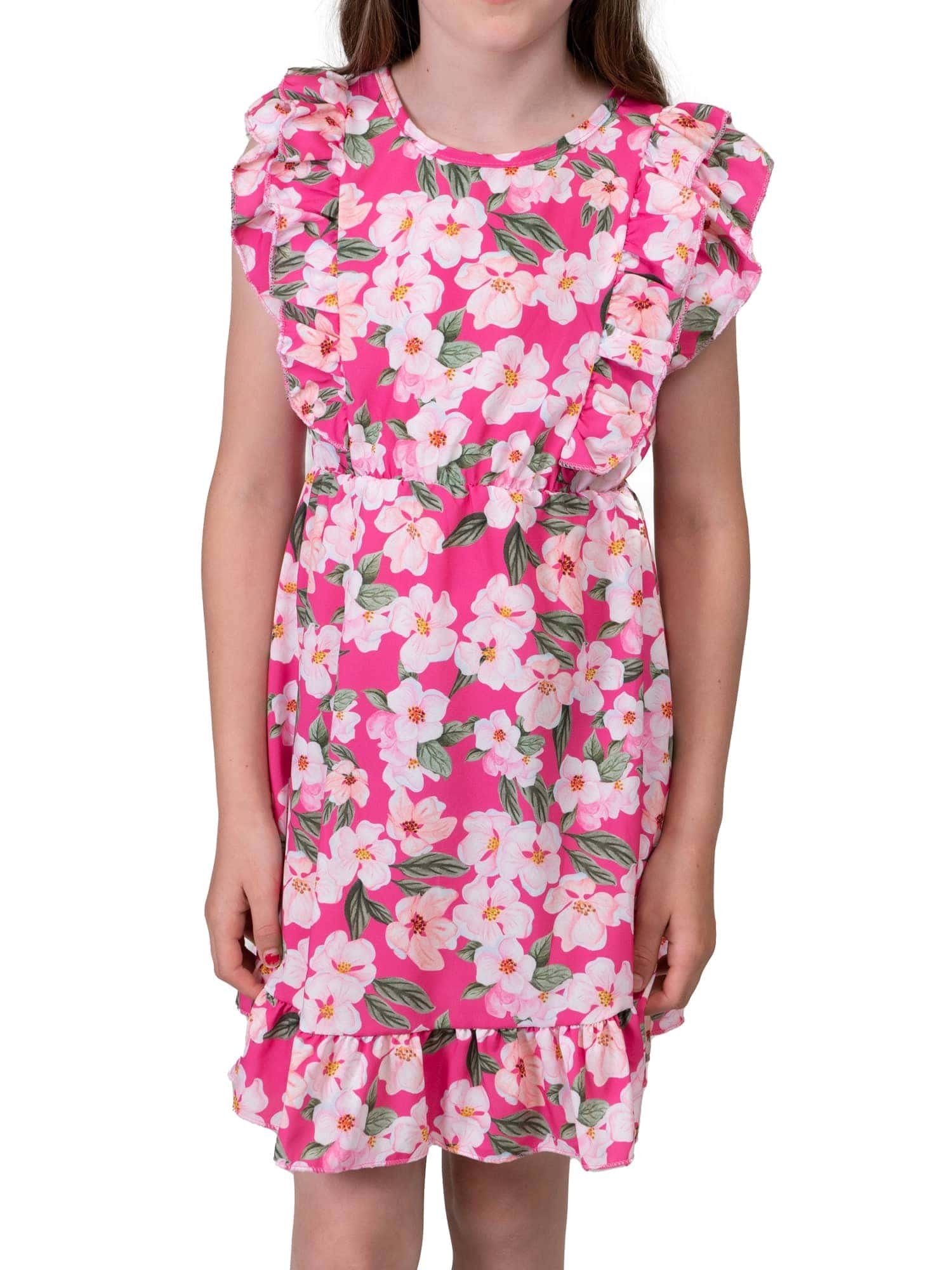 (1-tlg) tragen mit zu KMISSO bequem Pink 30384 Kleid Volants Sommerkleid Blumenmotiv Mädchen