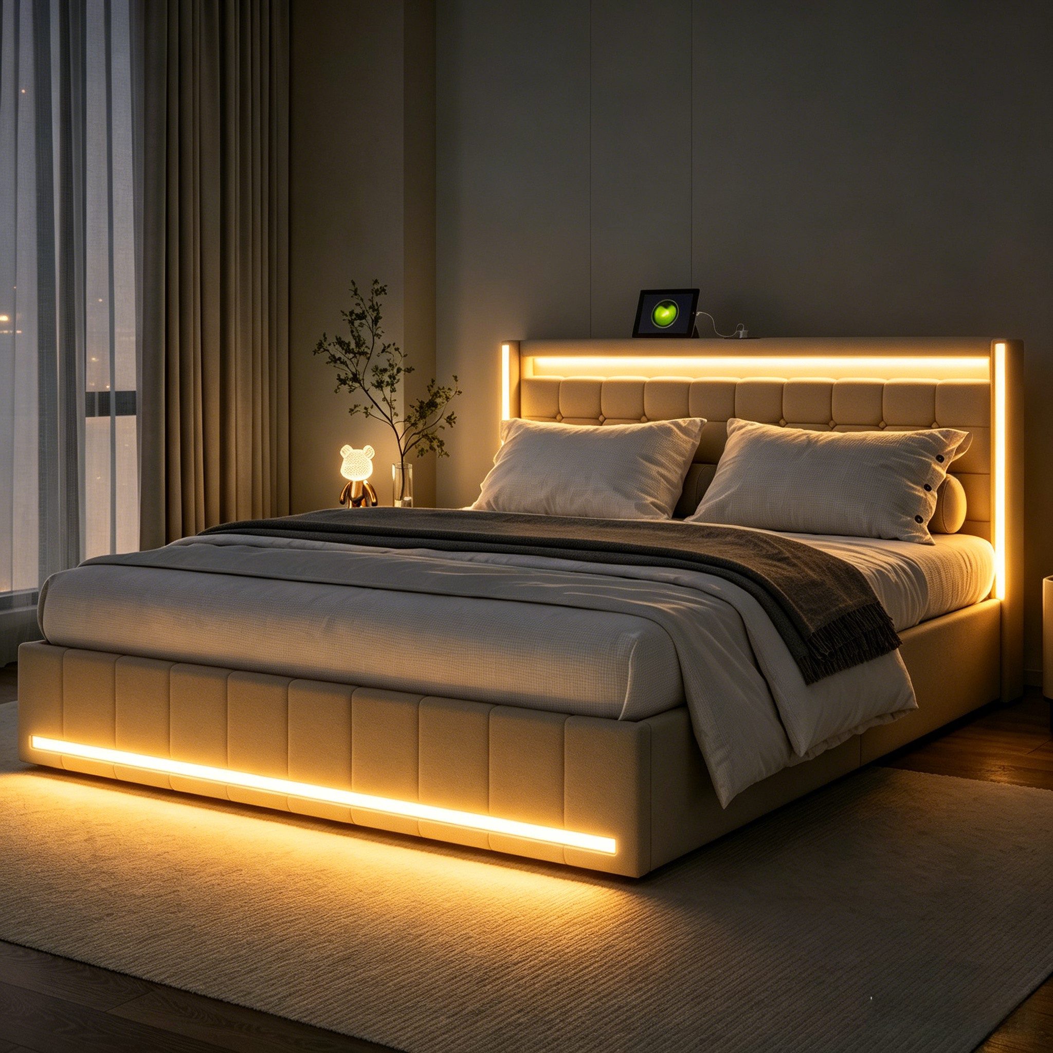 Furnishings Home Polsterbett LED Doppelbett Stauraumbett mit Kopfteil und 4 Schubladen (Leinenmaterial Polsterbett mit RGB Beleuchtung), mit Lattenrost und Ladefunktion, mit Komforthöhe, Leises Design Bett