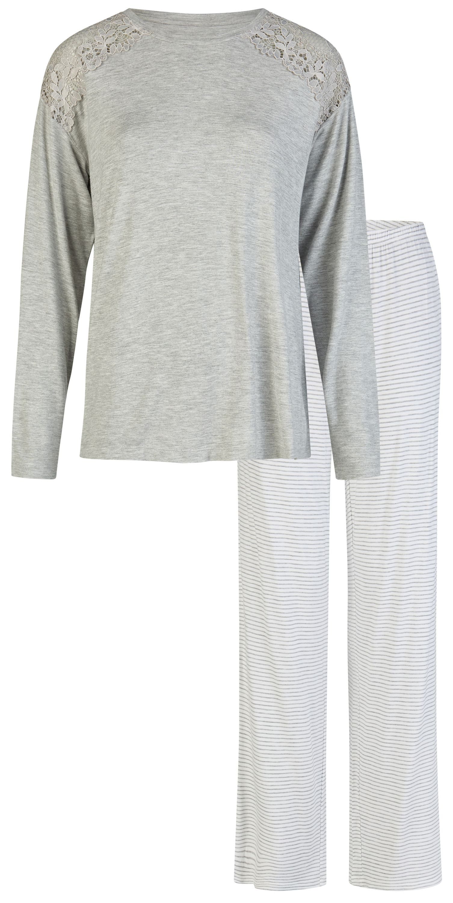 By Louise Schlafanzug Lace Luxury (Set, 2 tlg., 2-teilig) Damen Pyjama lang Langarm Spitze Viskose-Elasthan-Mix