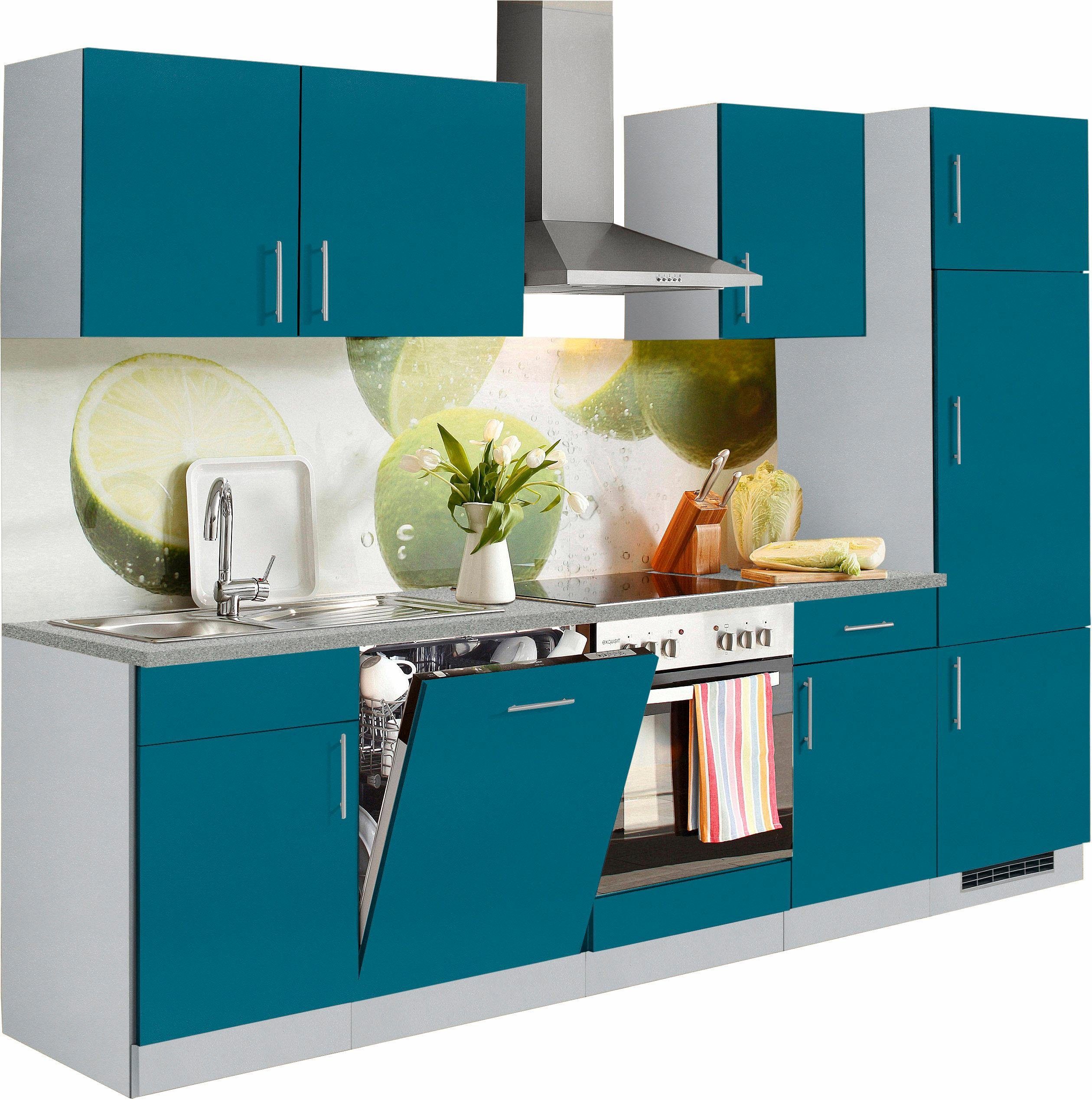 wiho Küchen Küchenzeile Kiel, mit E-Geräten, inkl. Geschirrspüler, Breite 280 cm Ocean/Steel grey | Steel grey