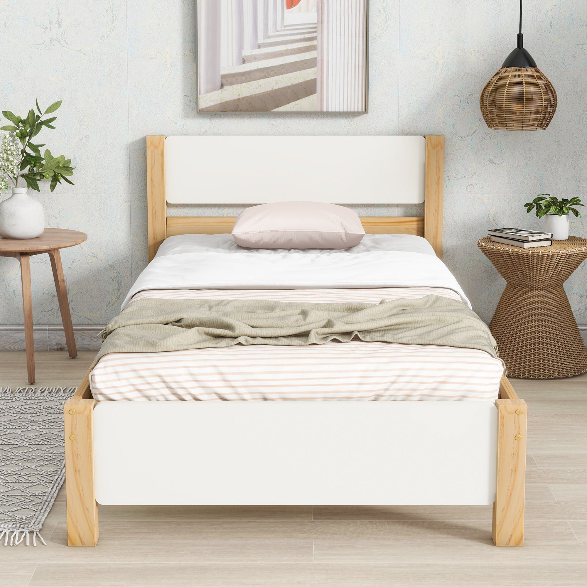 Massivholzbett, Einzelbett mit Kopfteil und Lattenrost, Futonbett 90x200cm