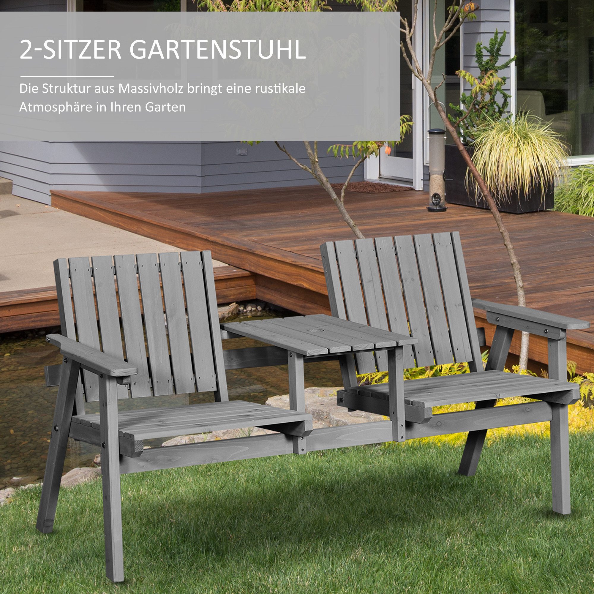 CHICFURN Gartenbank Sitzgruppe aus massivem Holz, Grau, mit 2 Stühlen (Packung, 1-St., Mit Verbindungstisch und Regenschirmöffnung), 152 x 70 x 83 cm, geeignet für Terrasse und Garten