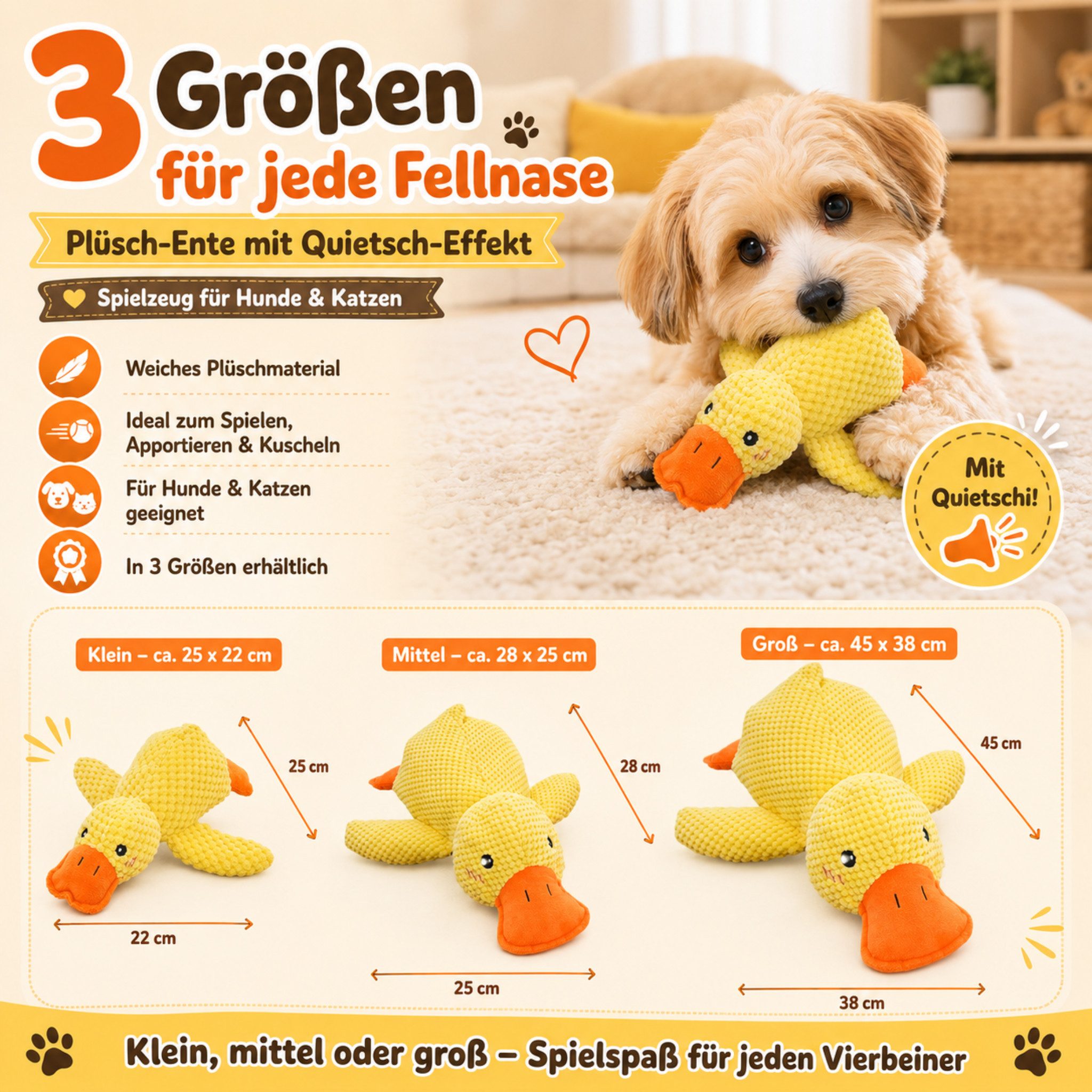 FLOCKI Pets™ Tierkuscheltier Quietschendes Hundespielzeug Ente – weiches Hundekuscheltier, niedliches Tierspielzeug, weiche Textur, mit Quietschen