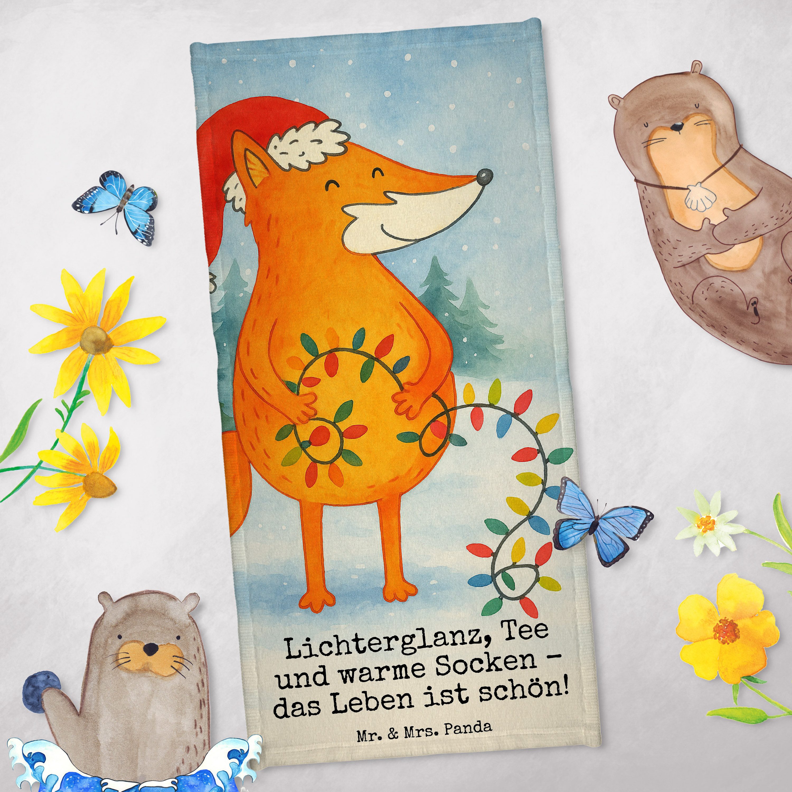 Mr. & Mrs. Panda Handtuch Fuchs Weihnachten Design, Strandtuch, Weiß, Heiligabend, Badehandtuch, Kunstfaser (Packung), Frotteetuch Sport Handtuch Winter