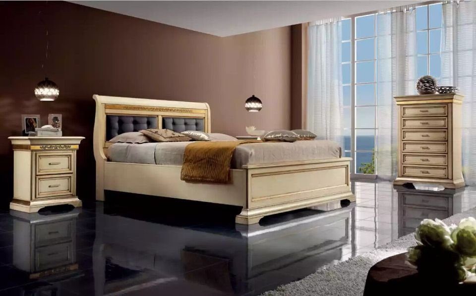 JVmoebel Schlafzimmer-Set Komplettes Schlafzimmer Modern Luxus Bett 2x Nachttische Kommode, (4-St., Nur Bett + 2x Nachttische + Kommode), Made in Italy