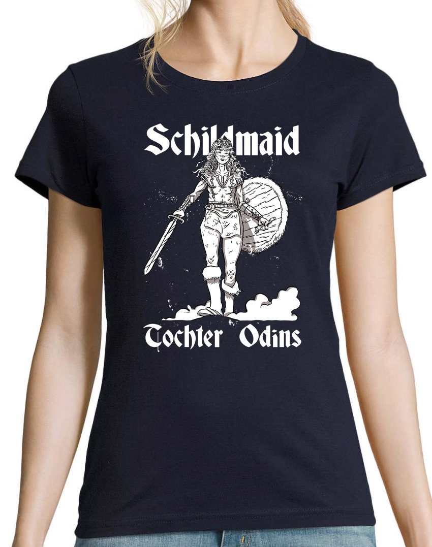 lustigem Designz Damen Shirt Navyblau Odins Tochter mit Youth T-Shirt Frontprint Schildmaid