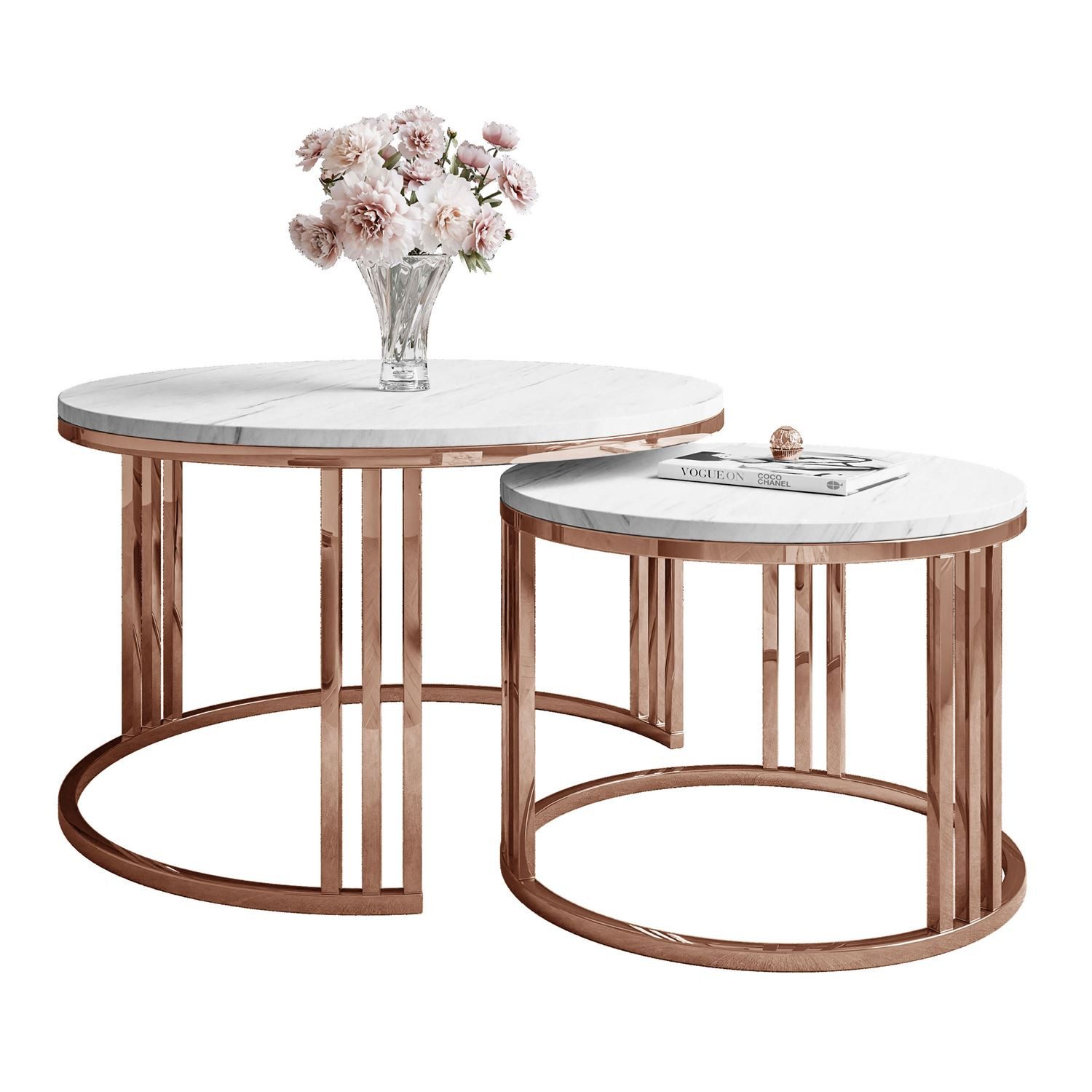 Lookway Couchtisch LORI 2in1 Couchtisch-Set in dem mattes Design mit Kupfergestell (2er Set), Durchmesser: ⌀70 cm und ⌀50 cm