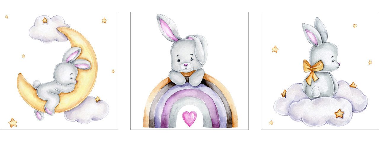 The Wall - the art of framing AG Wandbild Keilrahmenbild Hasen 25 x 25 cm 3 Stück, Tiere