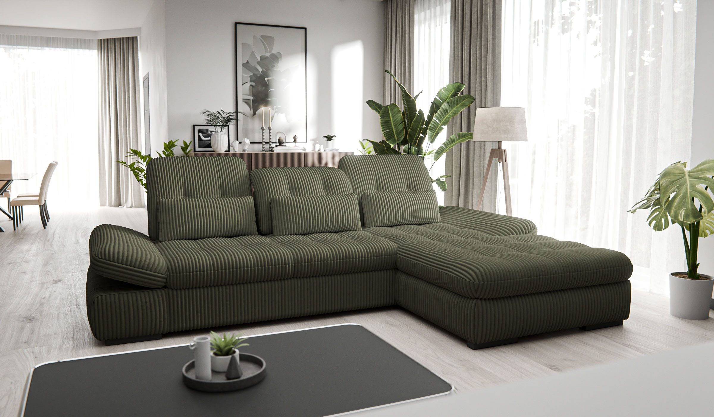 Hygger Möbelhaus Ecksofa Oregon L-Form XXL 300x200, wahlweise mit Schlaffunktion und Bettkasten, Polsterecke Inkl. Sitztiefenverstellung, Arm- und Kopfteilverstellung, 3 Nierenkissen, Hergestellt in Europa