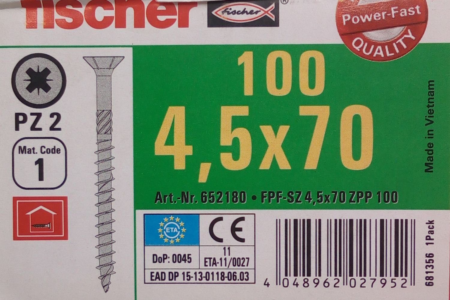 Fischer 100x (100 Spanplatt, Teilgewinde Holzbauschraube verzinkt Fischer St) PZ2 Befestigungstechnik 4,5x70 Schraube