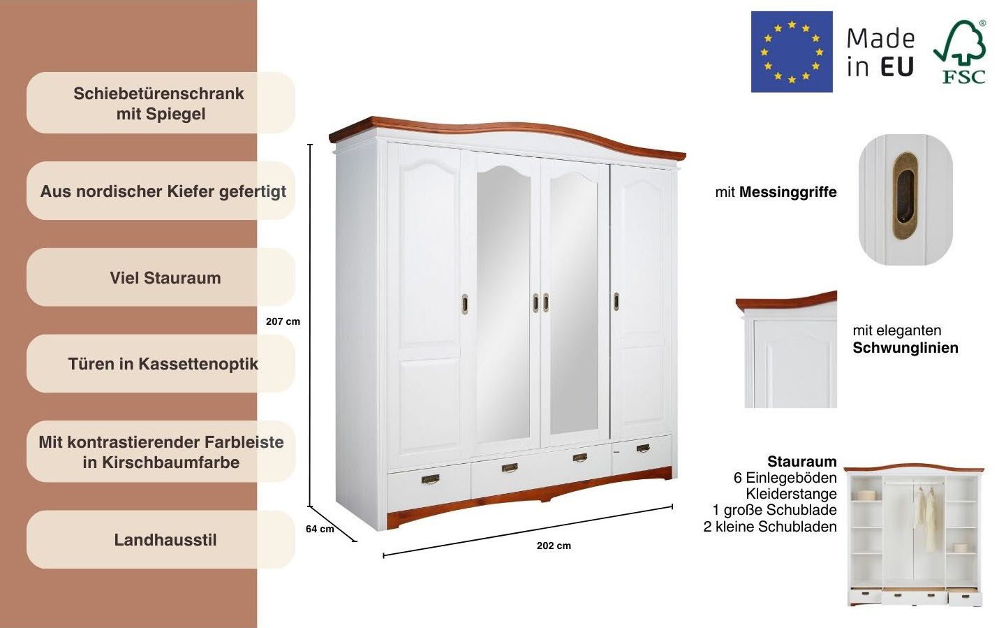 OTTO home Schiebetürenschrank Konrad, Landhausstil, rustikal, mit Schubladen + Spiegel, Kassetten (3 Breiten: 153/202/249 cm H/T ca.207/64 cm) massive Kiefer, FSC®-zertifiziert, Messinggriffe, mehrere Varianten