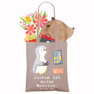Mr. & Mrs. Panda Tragetasche Pinguin Zocken - Braun Pastell - Geschenk, Auszeichnung, Einkaufstasc (1-tlg), Cross Stitching Griffe