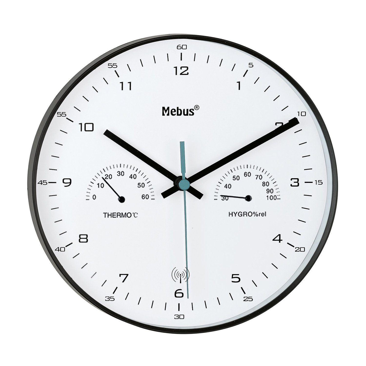 Mebus Funkwanduhr Funk-Wanduhr mit Thermometer/ Hygrometer, schwarz