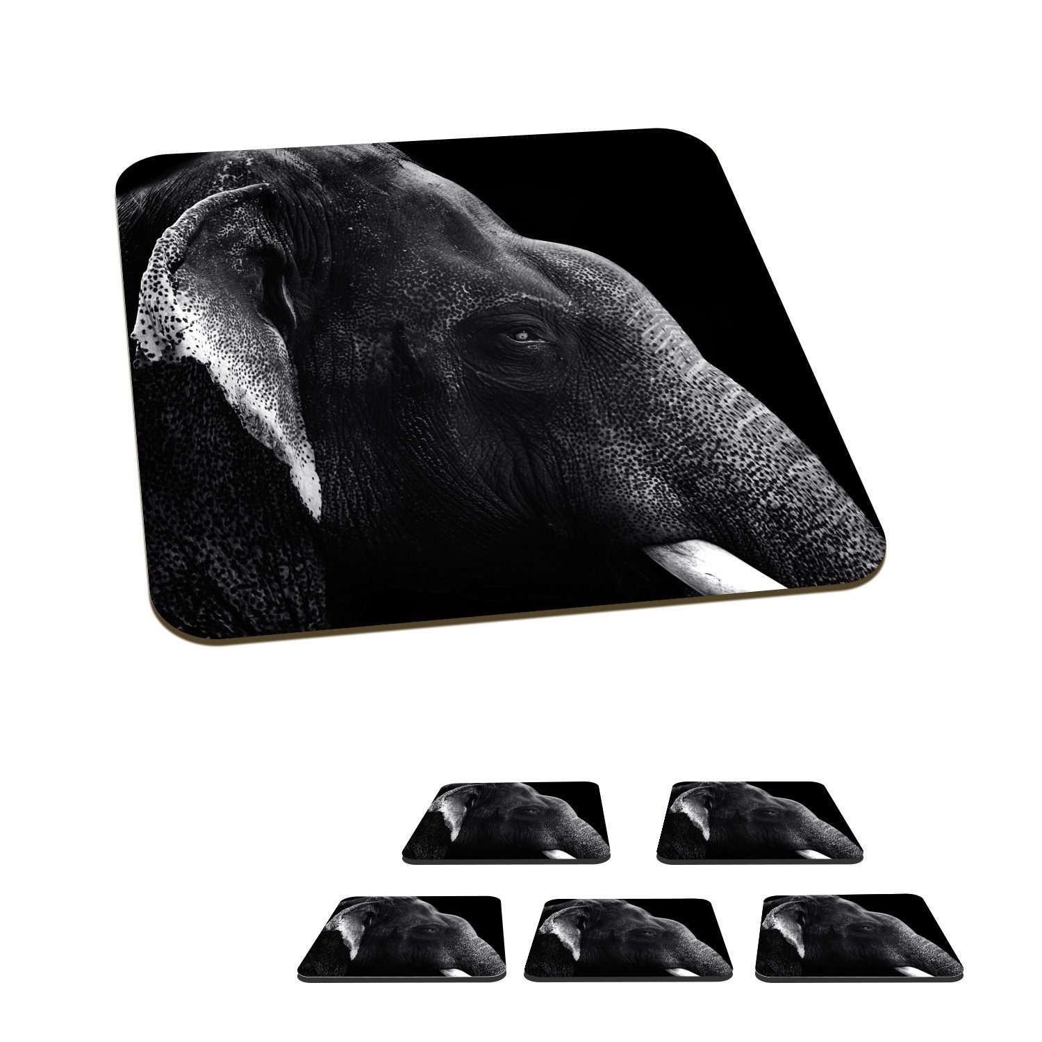 MuchoWow Glasuntersetzer Elefant auf schwarzem Hintergrund in schwarz und weiß, Zubehör für Gläser, 6-tlg., Glasuntersetzer, Tischuntersetzer, Korkuntersetzer, Untersetzer, Tasse