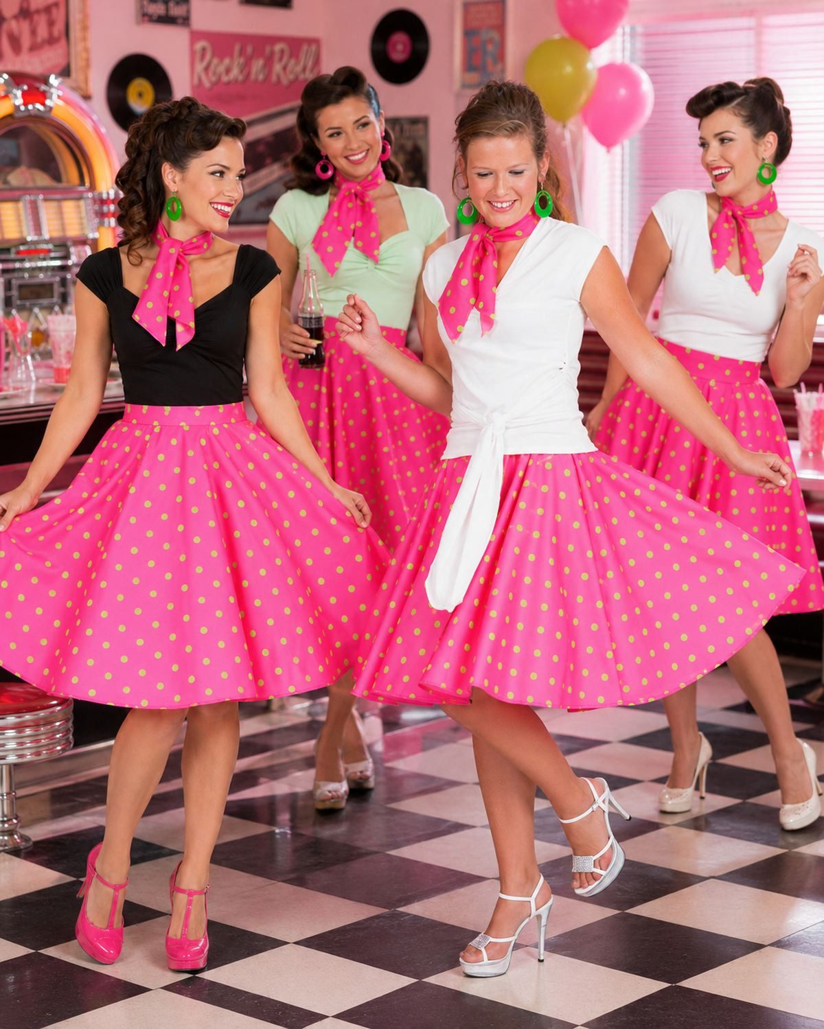 Funny Fashion Kostüm Fifties Punkte Tellerrock mit Halstuch, Pink Grün