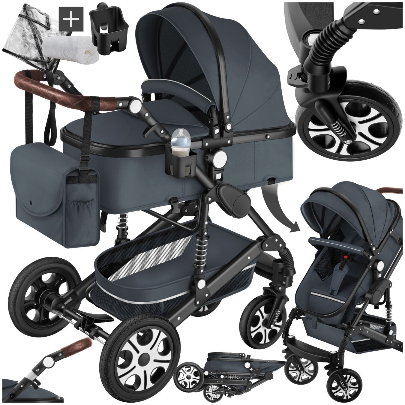 tectake Kombi-Kinderwagen 2-in-1 Kinderwagen, 0–36 Monate, bis 15 kg, klappbar, 5-Punkt-Gurt, (Babywagen Mats), Alurahmen, Bremse, Schutzbügel, Verdeck, Fußsack, Korb, Regenhaube