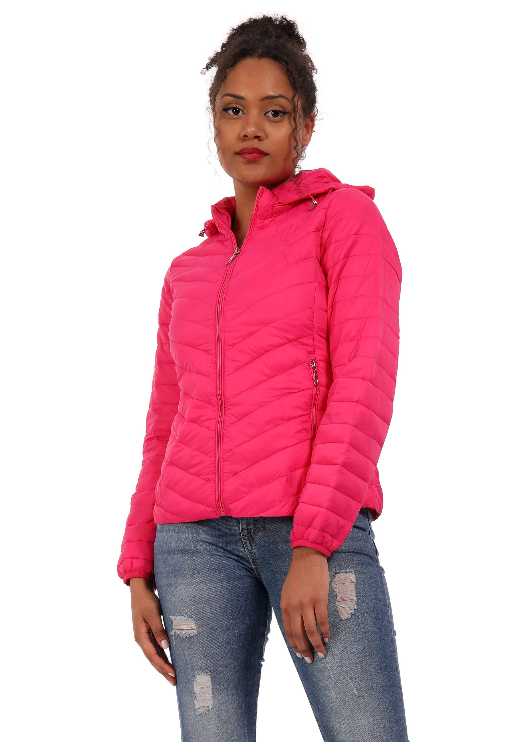 mit Stehkragen Übergangsjacke & Leichte pink Kapuze, Style Steppjacke casual, Kapuze Fashion mit mit (1-St) Steppjacke YC