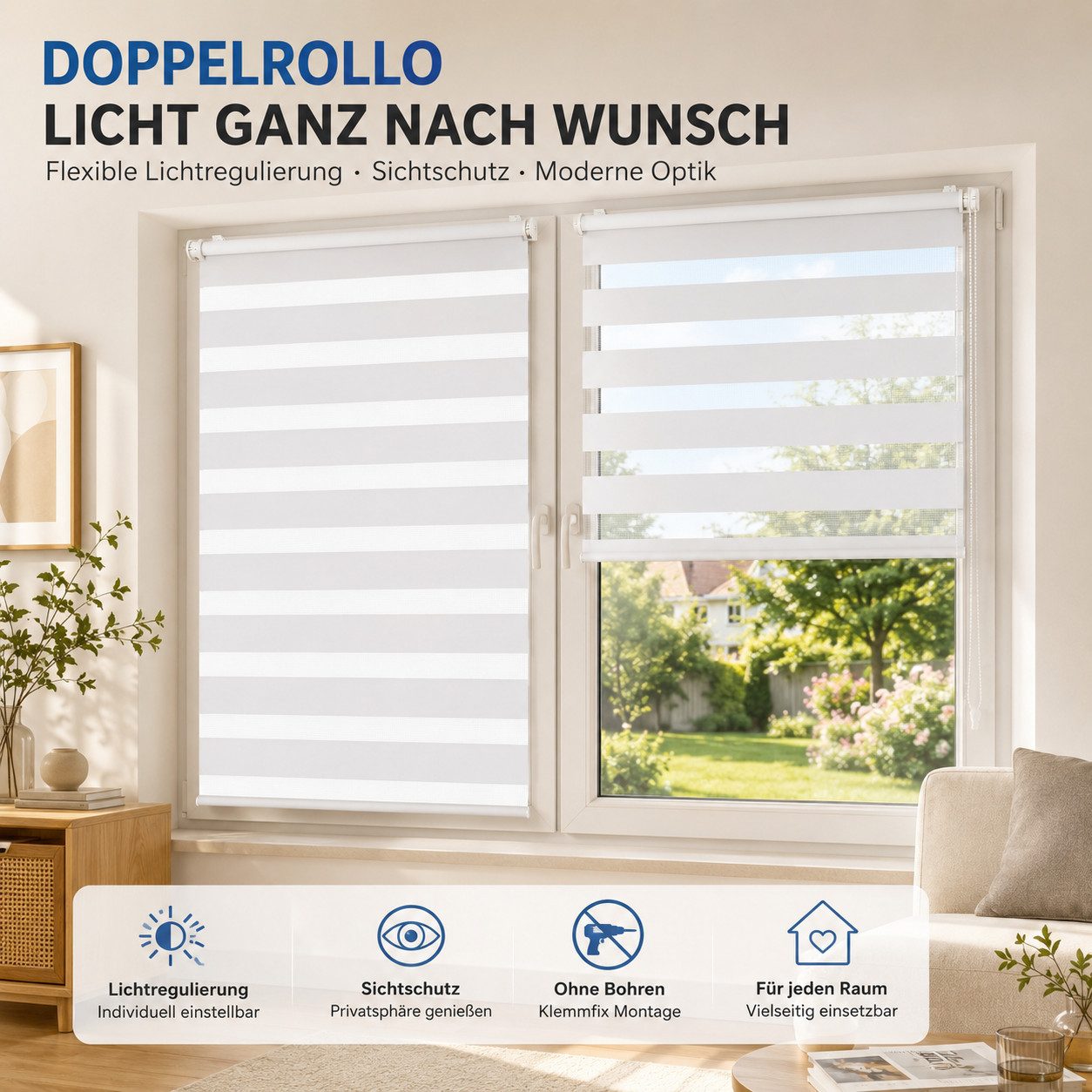 Doppelrollo Doppelrollo Rollos für Fenster ohne Bohren oder mit Bohren, Sekey, Klemmfix, für Fenster und Tür, freihängend mit Klemmträger, Seitenzugrollo