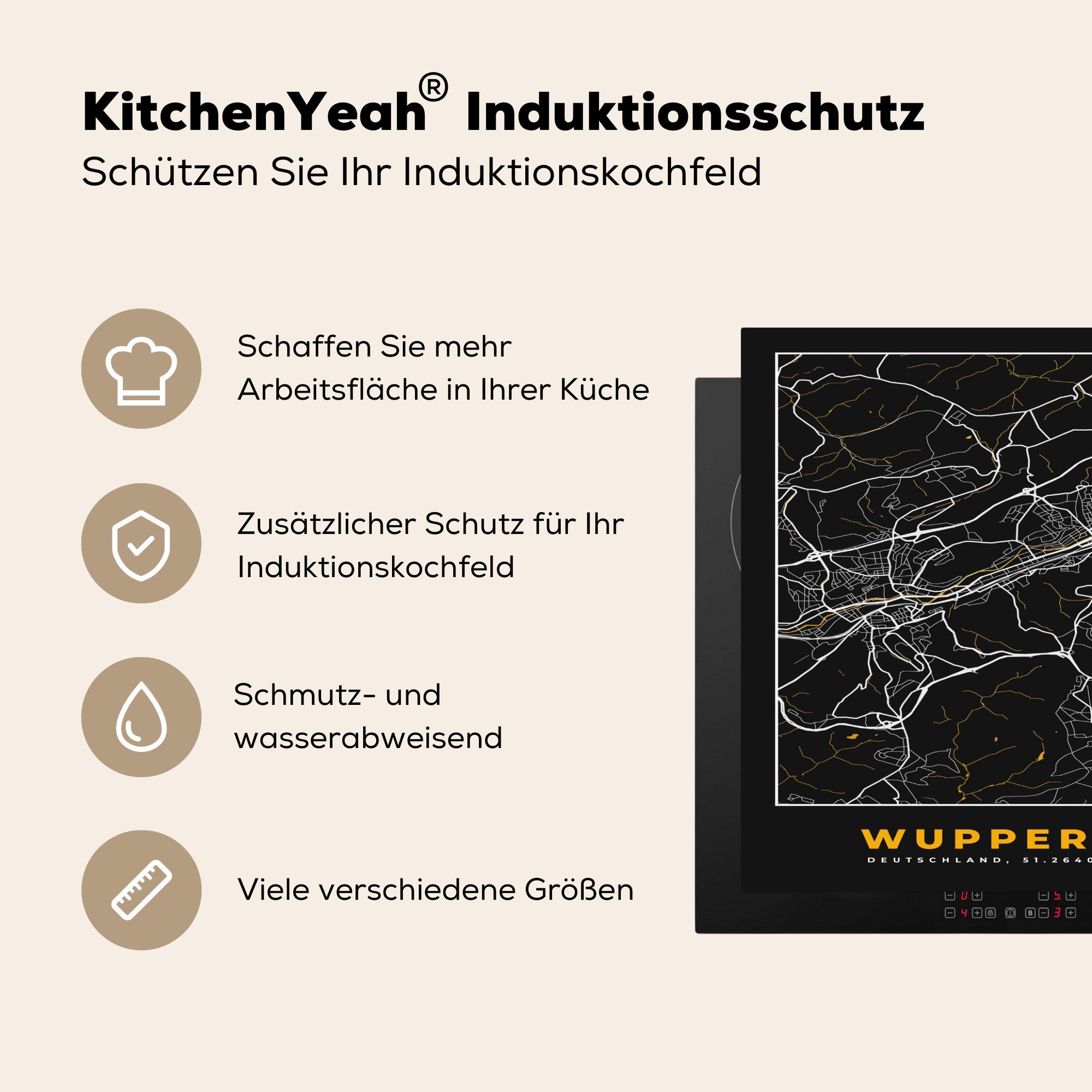 küche 78x78 Vinyl, cm, Karte, tlg), Gold - (1 Wuppertal Herdblende-/Abdeckplatte Arbeitsplatte Stadtplan Deutschland MuchoWow - - - für Ceranfeldabdeckung,