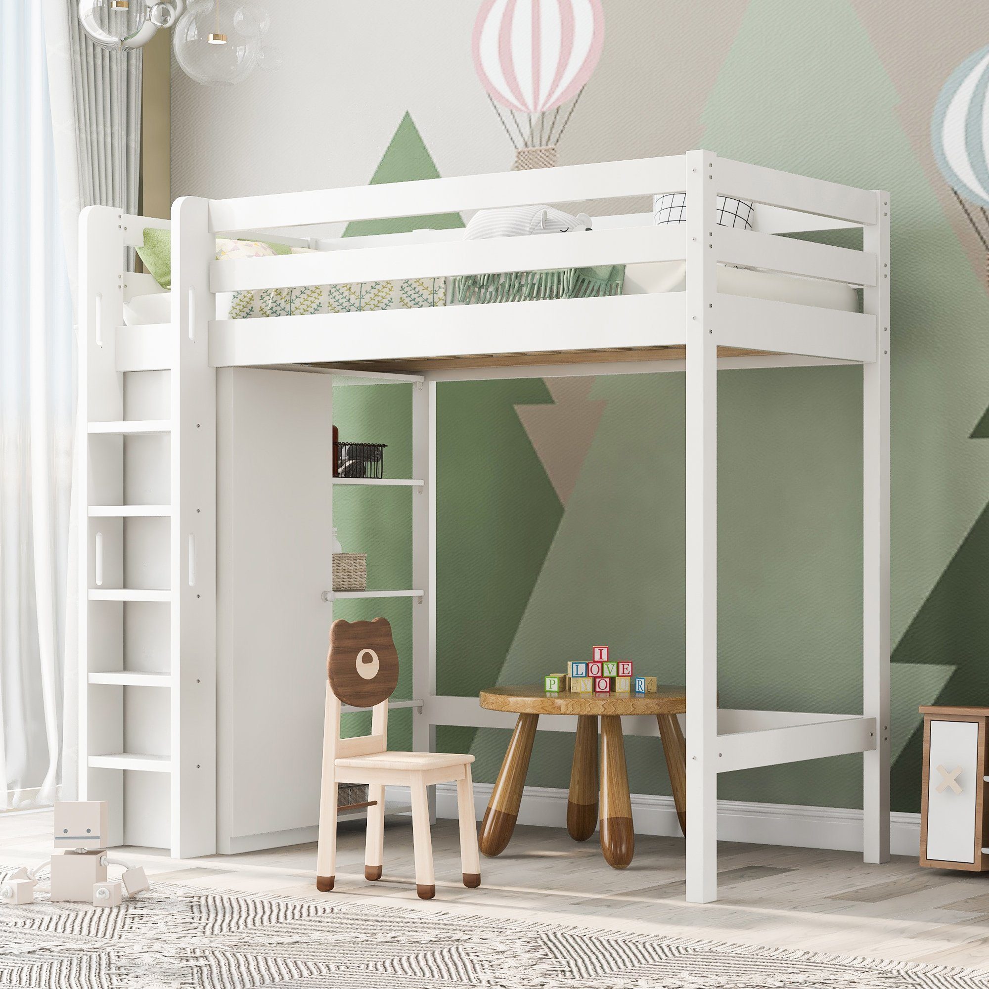 Hochbett (Stauraumbett Liegefläche 90x200 cm mit Kleiderschrank) Kinderbett mit Lattenrost, aus massivem Kiefernholz