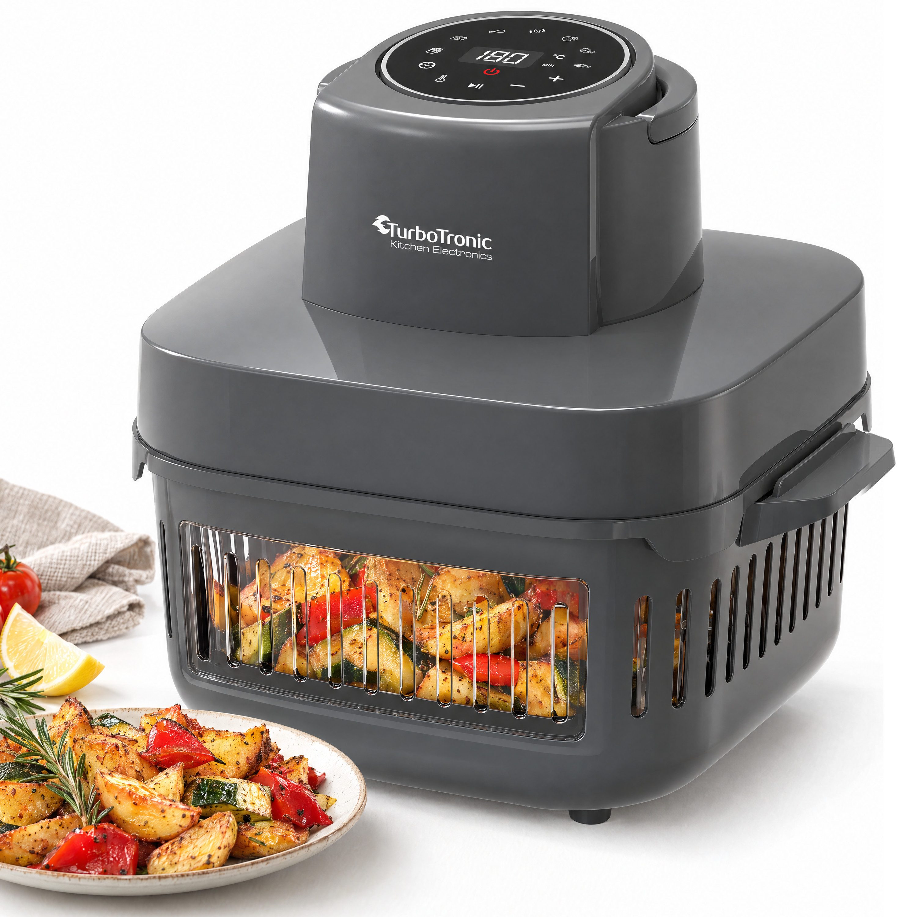 TurboTronic by Z-Line Heißluftfritteuse 1600 W Glas digitaler Airfryer Heißluftofen BPA-frei gesund kochen, 1600 W, 360 Grad Rapid Air, thermoschockfestes Glas und Timer bis 60 Min.