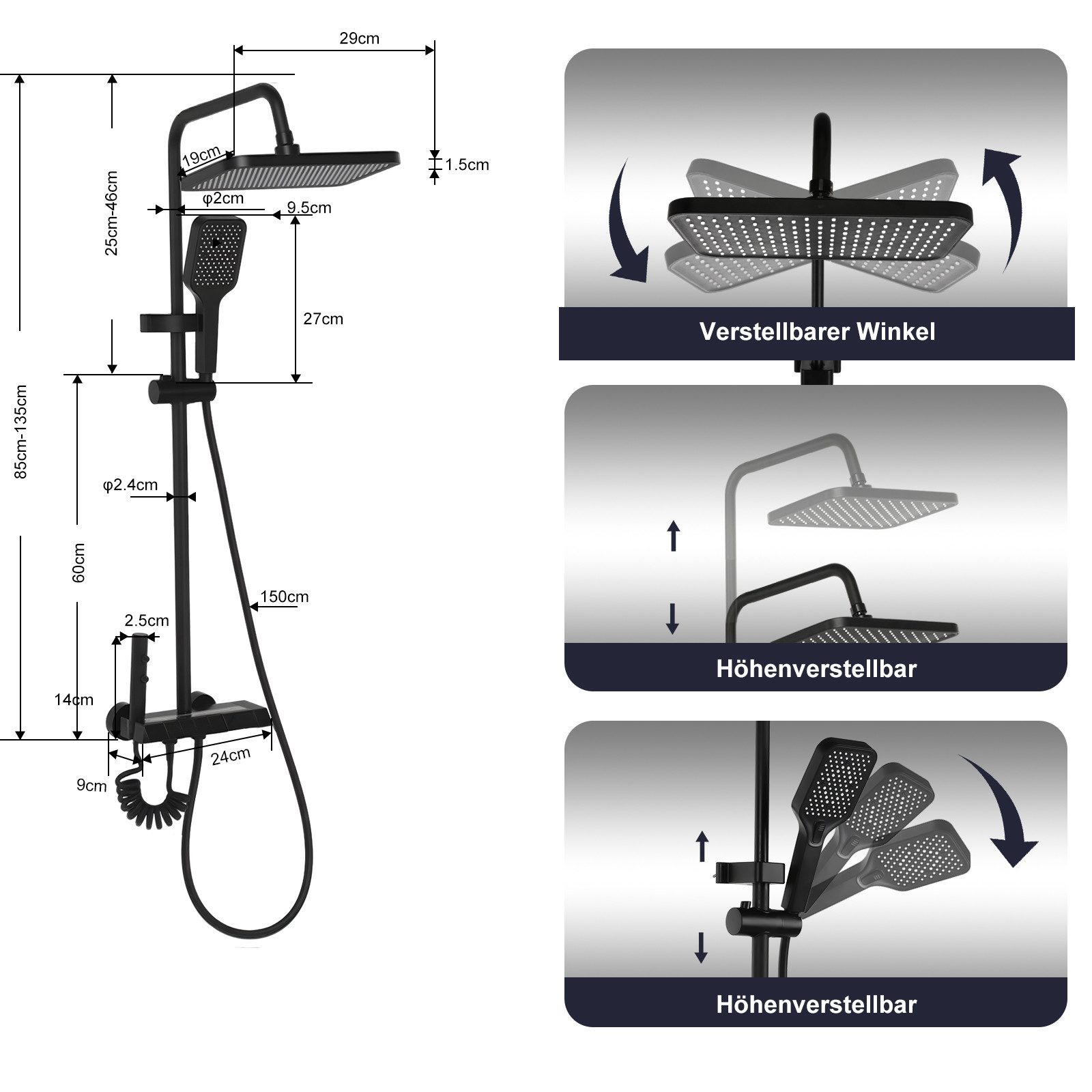 oyajia Brausegarnitur Duschsystem Warm/Kalt mit Klaviertasten & Digitaler Temperaturanzeige, 4 Strahlart(en), Regendusche mit LED-Stimmungslicht, Höhenverstellbares Duschrohr