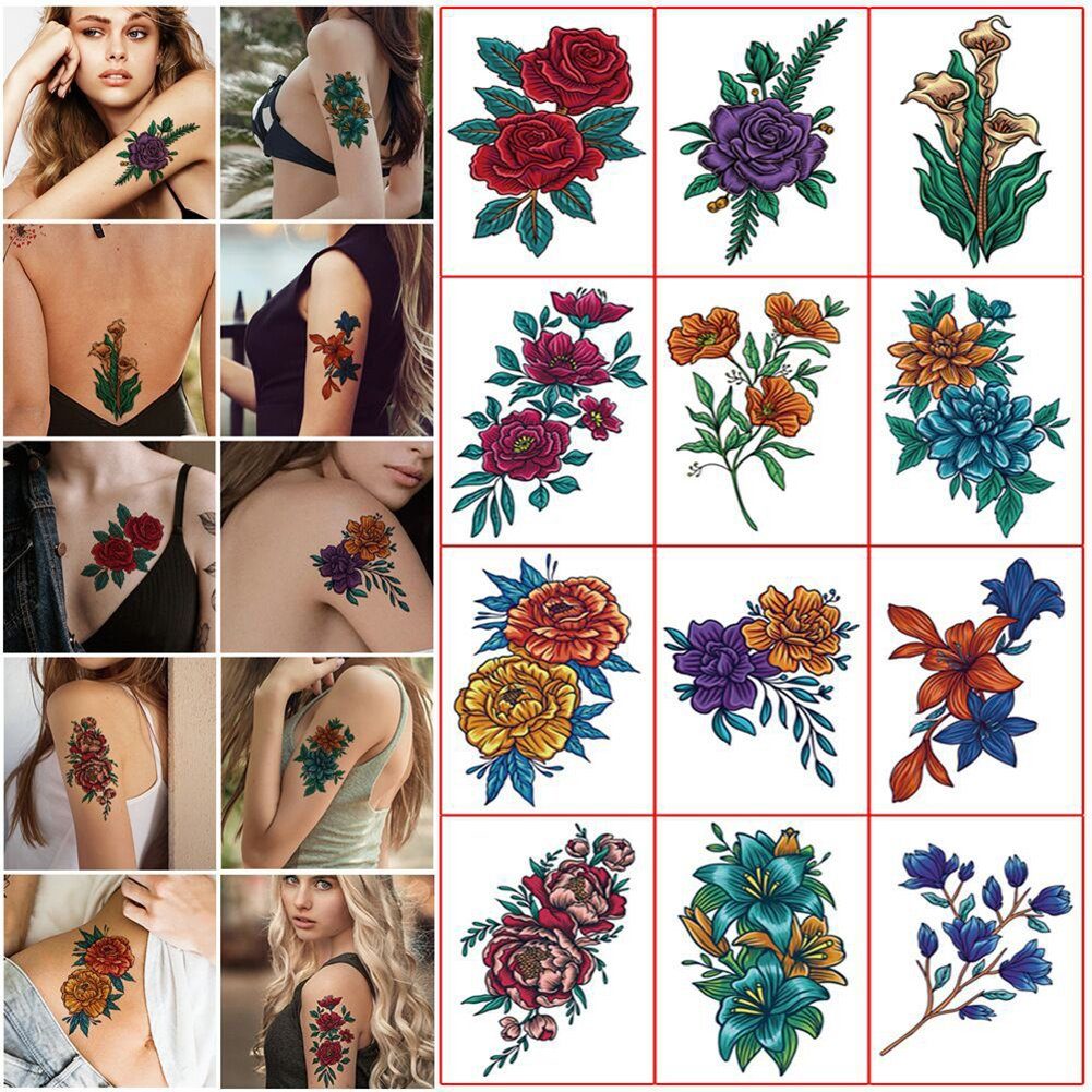 KSYLH Schmuck-Tattoo 12 Rose Blume Temporäres Tattoo,für Frauen,Körper, Arm, skizzierendes Tattoo,sexy Pfingstrose,temporäre Tattoos
