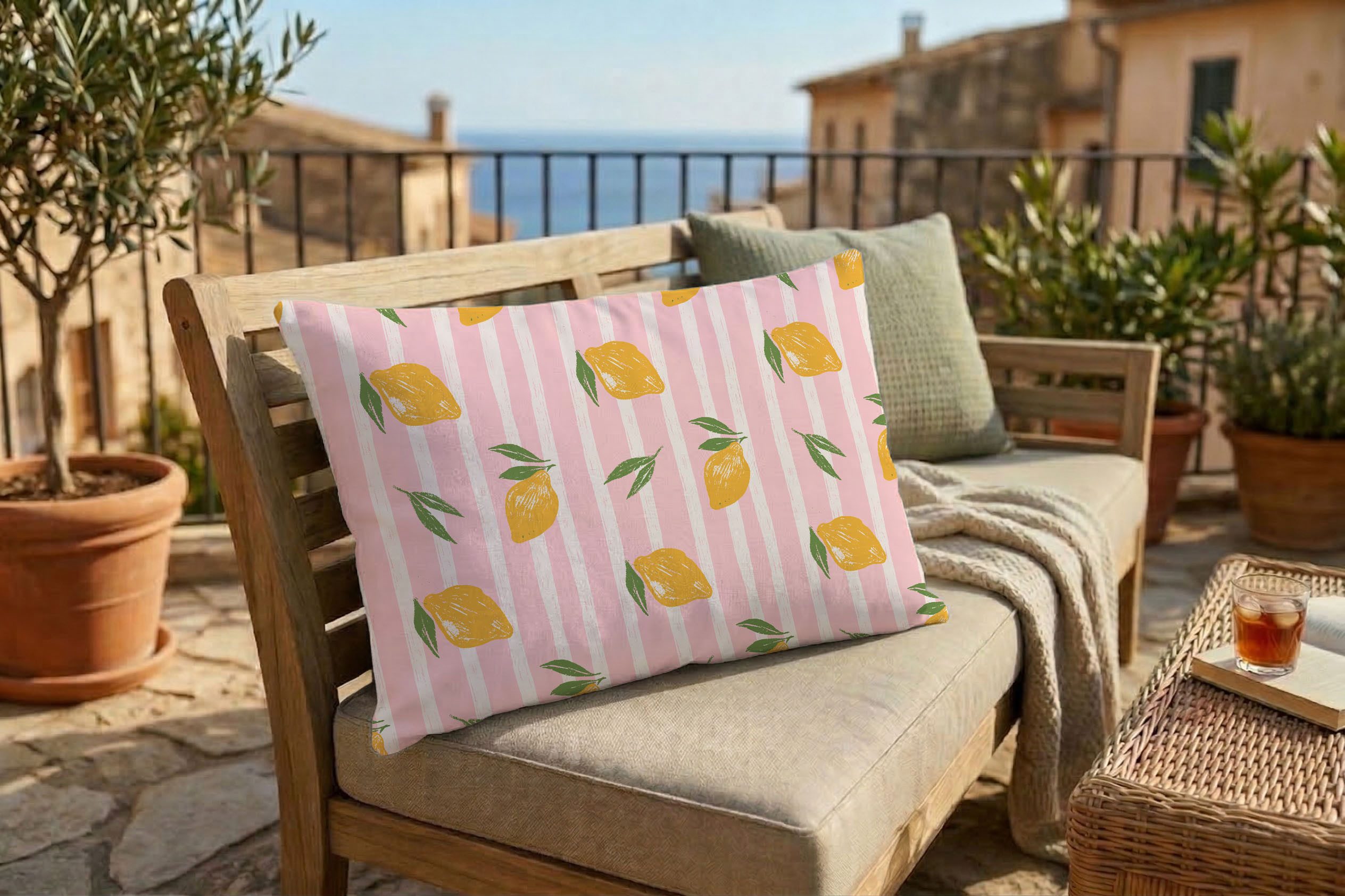 queence Dekokissen Zitronen Rosa, Premium Outdoor Kissenbezug; Format: 60x40 cm