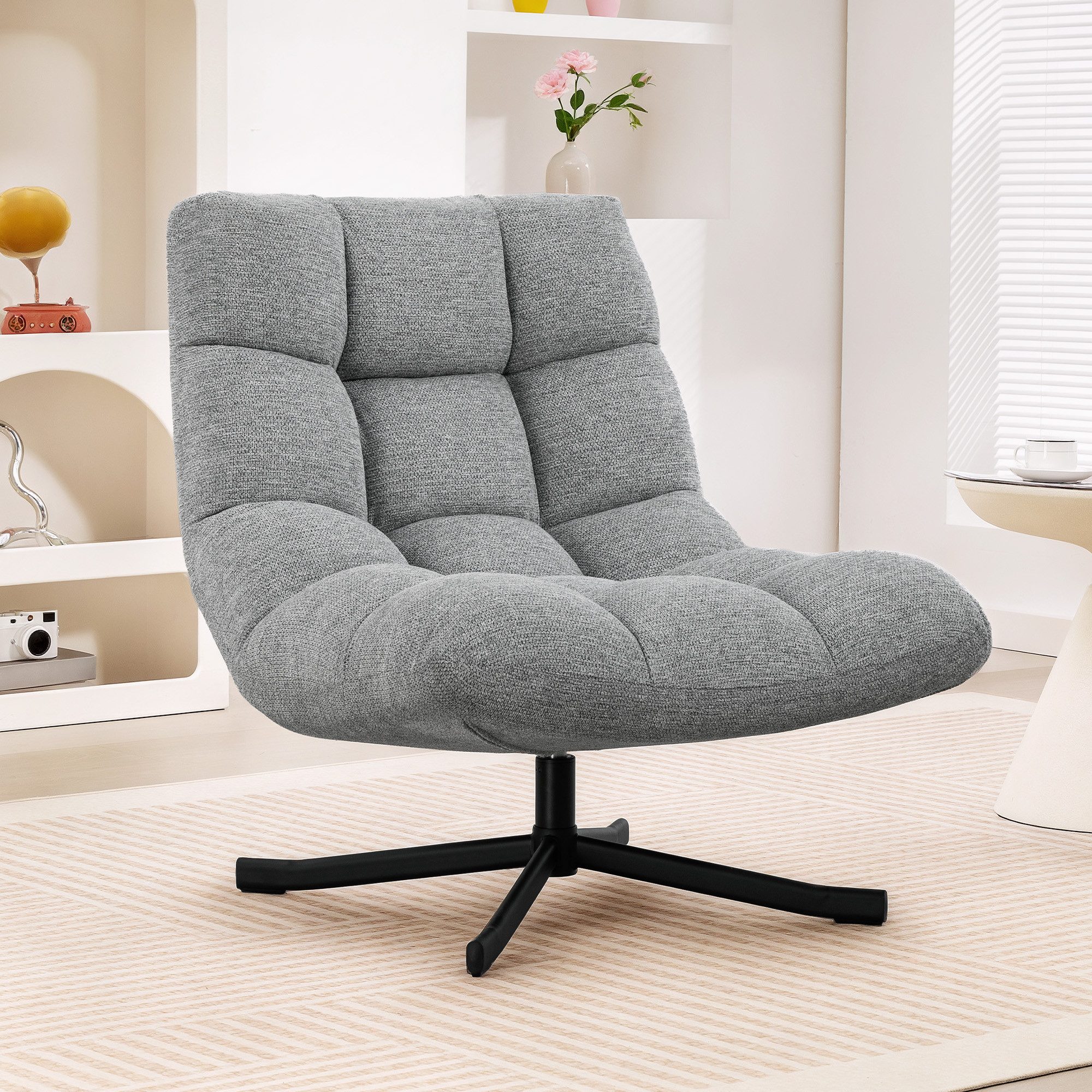 HOMCOM Relaxsessel mit Breiter Sitzfläche, wasserabweisend Chenille-Optik, Stahlbeine (gepolstert Sessel, 1-St., Drehbar Loungesessel), für Wohnzimmer, Schlafzimmer, Grau