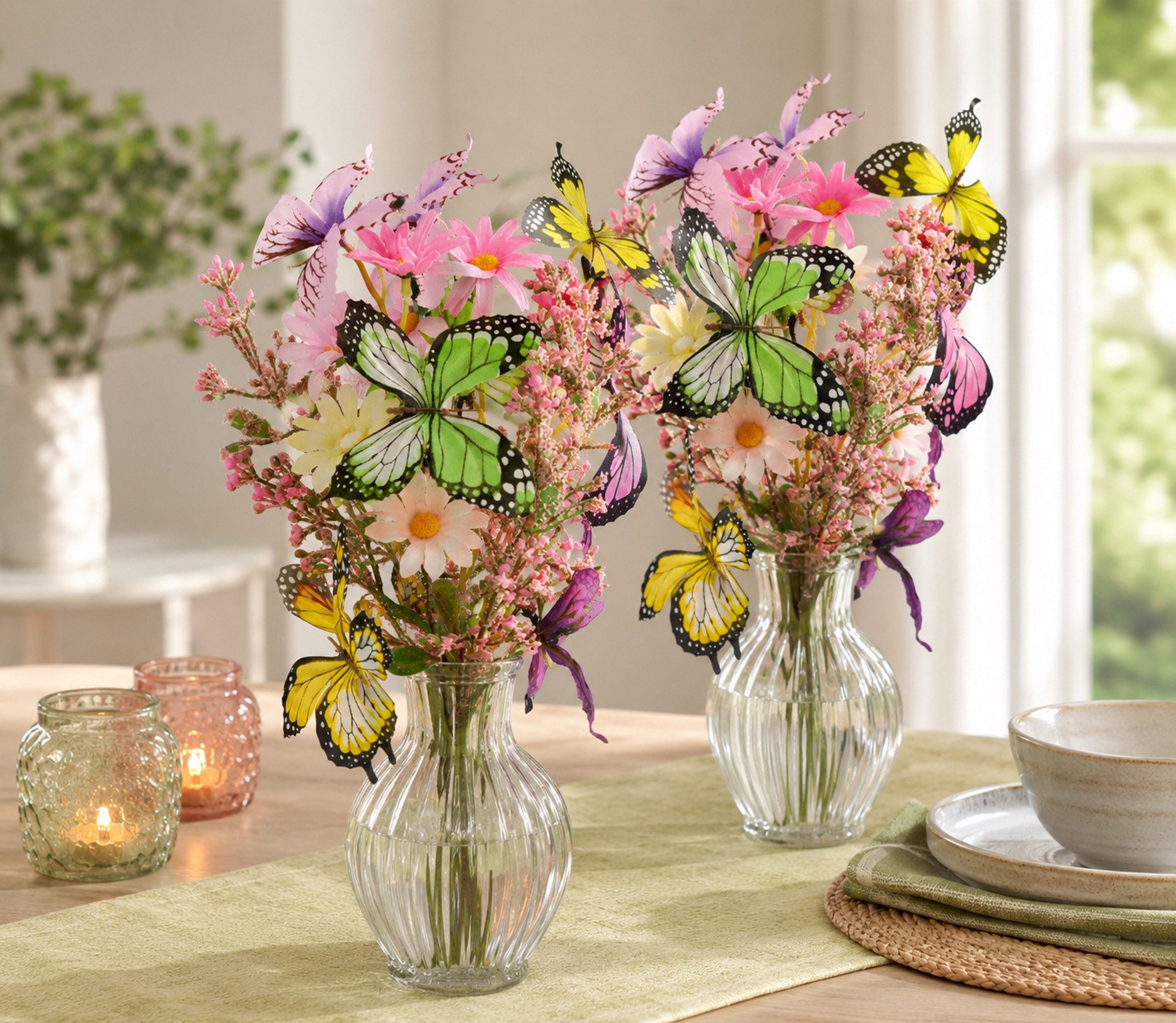 Kunstblume Strauß mit Schmetterlingen und Blüten 40cm 2er Set gebunden zum Strauß Margeriten, I.GE.A., Höhe 40 cm, Künstliche Blumen Blumenstrauß Bouquet Deko Zweig Blumendeko Hochzeit