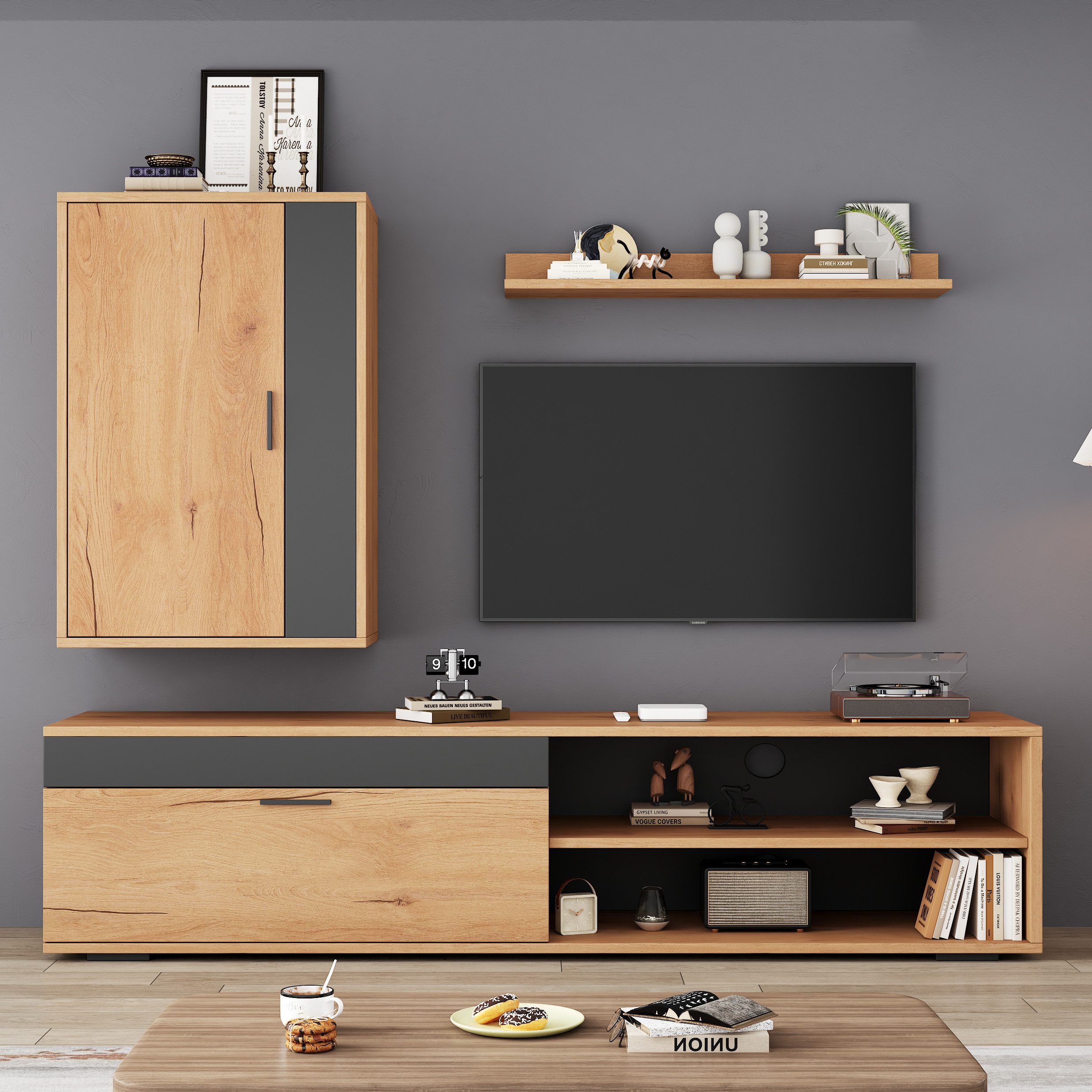 OKWISH Wohnzimmer-Set Mediawand inkl.TV-Board, Standregal und Wandregal, (TV Wohnzimmermöbel-Set, 3-St., stehend und hängend), 140*35*39cm+52*28*77cm+78.5*13.5*8cm