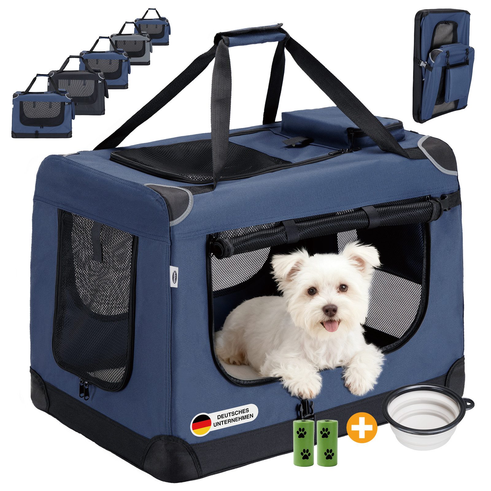 Zedelmaier Tiertransporttasche Transportbox, Faltbar Hundetransportbox, Katzenbox, Inkl.2 Rollen Hundekotbeutel, 1 faltbarer Napf, 2 praktische Beutel