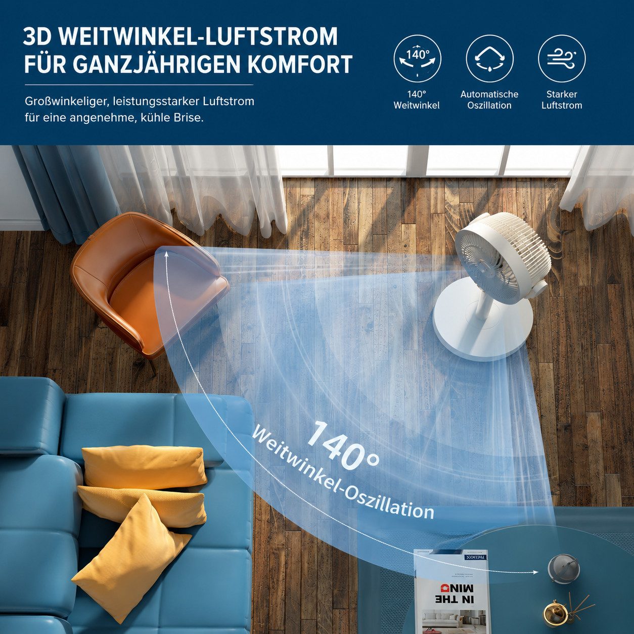 MOPUEA Standventilator Standventilator Tischventilator 5Stufen Fernbedienung höhenverstellbar, 5 Windstufen, 140° Oszillation, 9-h-Timer, Nachtlicht und Akkubetrieb.