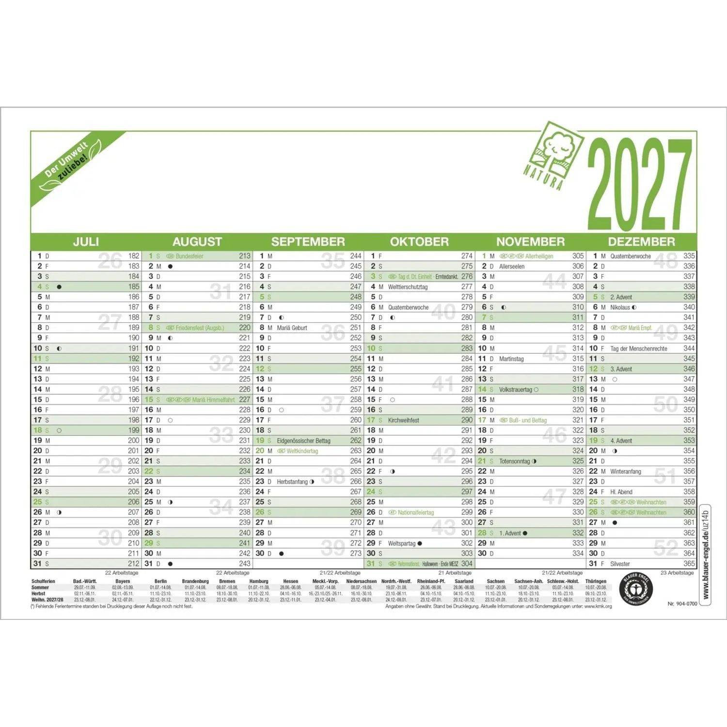 NEUMANN Wandkalender Arbeitstagekalender A5 Blauer Engel 2027